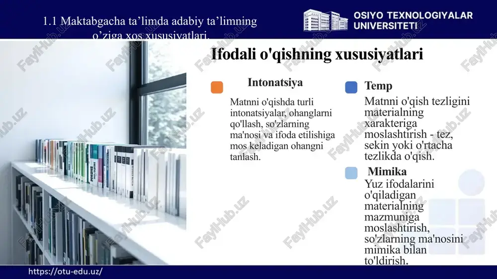 lalarni ta'lim jarayoniga faol jalb qilish ularning qiziqishini oshirishga va ta'limning samaradorligini kuchaytirishga yordam beradi. hamkorlik bolalar bir-biri bilan hamkorlik qilishni, jamoada ish qilishni o'rganadilar. tushunarlilik o'quv materiallari bolalarning yoshi va tushunish qobiliyatiga mos kelishi kerak. 1.4. badiiy matnning didaktik tahlili 14 ta'lim va tarbiya jarayonining tarbiya tamoyillari shaxsiy yondashuv har bir bolaning shaxsiyatini hisobga olish, uning qiziqishlarini, qobiliyatlarini va rivojlanish xususiyatlarini tushunish. ijtimoiylashtirish bolalarni jamoada ish qilish, o'zaro muloqot qilish, qoidalarga amal qilishga o'rgatish. 1.5 mttda ta’lim va tarbiya jarayonining maqsad va vazifalari 15 nutq va tafakkur ijodkorlik tafakkur bilim 1.5 mttda ta’lim va tarbiya jarayonining maqsad va vazifalari bolalarni o'z fikrini ifoda etish, o'z qarorlarini qabul qilishga o'rgatish. mustaqillik 1.5 mttda ta’lim va tarbiya jarayonining maqsad va vazifalari maktabgacha ta'lim muassasalarida ta'lim va tarbiya jarayonining xususiy tamoyillari o'yin orqali o'rganish o'yin bolalar uchun asosiy faoliyat turi hisoblanadi, ta'lim va tarbiya jarayonini o'yin shaklida tashkil qilish samarali natijalarga olib …