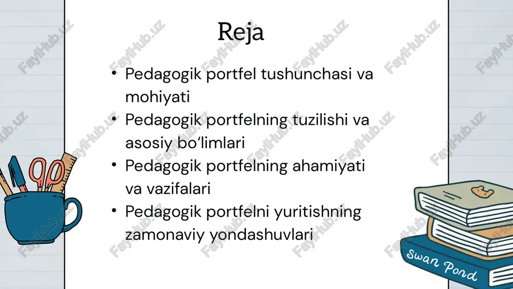 yasi tahlil va baholash funksiyasi pedagogik portfelning tahlil va baholash funksiyasi o‘qituvchining kasbiy faoliyatini chuqur o‘rganish va obyektiv baholash imkonini beradi. bu funksiyaning asosiy maqsadi — o‘qituvchining o‘z faoliyatini tahlil qilib, yutuq va kamchiliklarini aniqlashdir. portfel o‘qituvchiga dars jarayonidagi samaradorlikni baholash, o‘quvchilarning natijalarini tahlil qilish hamda yangi maqsadlarni belgilash imkonini beradi. shu jarayon orqali o‘qituvchi o‘z ustida ishlashga undaladi, reflektiv fikrlash rivojlanadi. tahlil va baholash funksiyasi o‘qituvchining kasbiy o‘sishini kuzatish, malaka oshirish jarayonini rejalashtirish va ta’lim sifatini oshirishda muhim ahamiyatga ega. tizimlashtirish funksiyasi pedagogik portfelning tizimlashtirish funksiyasi o‘qituvchining kasbiy faoliyatiga oid barcha ma’lumotlarni tartibli va izchil holatda jamlashga xizmat qiladi. bu funksiyaning asosiy maqsadi — o‘qituvchining mehnat natijalari, metodik ishlari, ilmiy izlanishlari va yutuqlarini yagona tizimda mujassamlashtirishdir. portfel orqali o‘qituvchi o‘z faoliyatini rejalashtirish, nazorat qilish va tahlil qilishni osonlashtiradi. tizimlashtirilgan ma’lumotlar pedagogik faoliyatning to‘liqligini, izchilligini hamda samaradorligini ta’minlaydi. natijada portfel o‘qituvchining kasbiy yo‘l xaritasi sifatida xizmat qiladi va uning o‘sish …