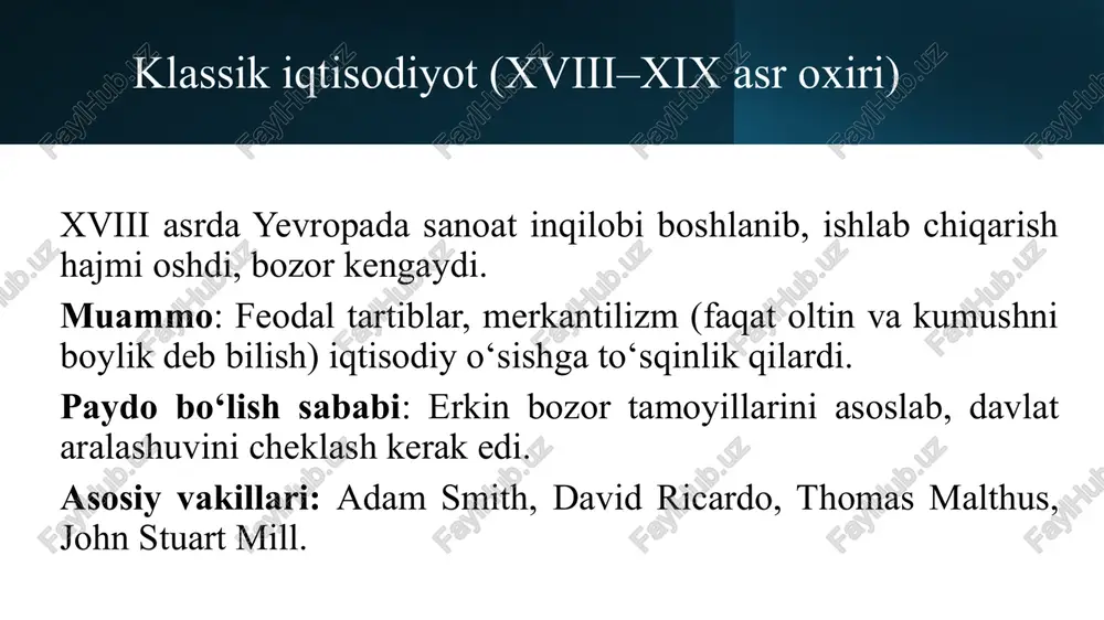 poliyalarni tahlil qilish – bozorning real sharoitida korporatsiyalar, monopoliyalar va ularning institutlar orqali ta’sirini o‘rganish. 5. ijtimoiy barqarorlikni ta’minlash – iqtisodiy rivojlanish jarayonida adolat, tenglik va ijtimoiy manfaatlarni muvozanatga keltirish. 3. neoinstitutsional nazariyaning asosiy yo‘nalishlari neoinstitutsional iqtisodiyot – bu iqtisodiy nazariya bo‘lib, unda bozor va iqtisodiy jarayonlar faqat talab va taklif orqali emas, balki institutlar (qonunlar, mulk huquqlari, shartnomalar, tashkilotlar, davlat siyosati) orqali tartibga solinishini tushuntiradi. u neoklassik iqtisodiyotga asoslanadi, lekin uni kengaytirib, iqtisodiy samaradorlikni institutlar orqali izohlaydi. institutsional iqtisodiyot (eski) → “iqtisodiyot jamiyatdagi institutlar (urf-odat, qonun, siyosat) ta’siri ostida shakllanadi”. neoinstitutsional iqtisodiyot (yangi) → “odamlarning oqilona qarori institutlar (mulk huquqi, shartnoma, davlat siyosati) orqali tartiblanadi va tranzaksiya xarajatlari muhim rol o‘ynaydi”. neoinstitutsional nazariyaning asosiy yo‘nalishlari: 1. tranzaksiya xarajatlari nazariyasi. bozor bitimlari xarajatlarsiz bo‘lmaydi (muzokara, nazorat, hujjatlash, risk). agar tranzaksiya xarajatlari yuqori bo‘lsa, firma faoliyatni o‘z ichiga oladi. misol: korxona mahsulotni tashqi bozorga buyurtma bermay, ichida ishlab chiqarishi mumkin, chunki …