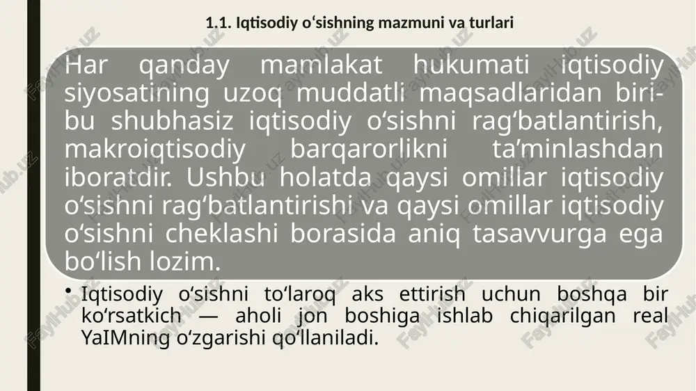 tlarning paydo bo‘lishiga; 4 xalqaro bozorlarda mamlakat obro‘sining oshishiga olib keladi. 1.4-rasm. real ishlab chiqarish hajmini oshirish yo‘llari. 1. band bo‘lganlar soni 2. ishlagan kishi soatlarning o‘rtacha miqdori mehnat sarflari ishlab chiqarishning real hajmi 1. texnika taraqqiyoti 2. kapital qo‘yilmalar qiymati 3.ta’lim va malaka tayyorgarligi 4.resurslarning joylashtirish samaradorligi mehnat unumdorligi e’tiboringiz uchun rahmat! image9.png image10.png image11.png image12.png image13.png image14.png image15.png image16.png image17.png image18.png image1.png image19.png image20.png image21.png image22.png image23.png image24.png image25.png image26.png image27.png image28.png image2.png image29.png image30.png image31.png image32.png image3.png image4.png image5.png image6.png image7.png image8.png image33.png image34.png /docprops/thumbnail.jpeg