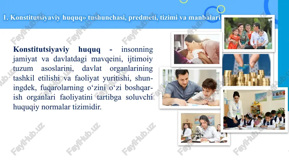 shahar kengashlari, hokimlar) deputatlar va ularning uyushmalari (oliy majlis qonunchilik palatasi hamda viloyat, tuman, shahar kengashlarining deputatlari, ularning qo‘mita va komissiyalari) o‘zbekiston respublikasi fuqarolari, chet el fuqarolari va fuqaroligi bo‘lmagan shaxslar jamoat birlashmalari konstitutsiyaviy-huquqiy munosabatlarning obyektlari quyidagi guruhlarga bo‘linadi: 1. davlat hududi. masalan, o‘zbekiston respublikasi konstitutsiyasining 3-moddasiga ko‘ra, «o‘zbekistonning davlat chegarasi va hududi daxlsiz va bo‘linmasdir», 88-moddaga muvofiq esa, «qoraqalpog‘iston respublikasining hududi va chegaralari uning roziligisiz o‘zgartirilishi mumkin emas. qoraqalpog‘iston respublikasi o‘z ma’muriy-hududiy tuzilishi masalalarini mustaqil hal qiladi». 2. moddiy boyliklar. (66-modda). ushbu konstitutsiyaviy-huquqiy normalarning amalga oshirilishi natijasida kelib chiqadigan munosabatlarning obyekti moddiy manfaat, moddiy boylik hisoblanadi. 3. konstitutsiyaviy-huquqiy munosabatlar subyektlarining harakati ham ko‘pgina huquqiy munosabatlarning obyekti bo‘ladi. masalan, o‘zbekiston oliy majlisiga saylov o‘tkazish to‘g‘risidagi qonunda siyosiy partiyalarning o‘z vakillarini, saylov okruglaridan nomzod sifatida ko‘rsatish huquqini amalga oshirishlari ham siyosiy partiyalar bilan respublika markaziy saylov komissiyasi o‘rtasidagi huquqiy munosabatlarning obyekti hisoblanadi. 4. moddiy bo‘lmagan shaxsiy manfaat – vijdon, qadr-qimmat. vijdon …