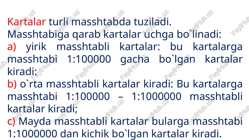 rtalarda joyning relyefi gorizontallar bilan, qolgan barcha tafsilotlar esa shartli belgilar bilan tasvirlanadi. relyefning ayrim elementlari va tafsilotlarini gorizontallar bilan ifodalash mumkin bo‘lmasa shartli belgilar bilan belgilanadi. bularga jarliklar, chuqurliklar, qo‘rg‘onlar va boshqalar kiradi. har xil masshtabli kartalar va planlar shartli belgilari bilan bir birida farq qiladi.qabul qilingan shartli belgilar karta va planlarni tuzuvchi barcha korxonalar tomonidan qo‘llanishi majburiy hisoblanadi. etiboringiz uchun raxmat! image1.png image2.gif image3.jpeg image4.png image5.png image6.png image7.png image8.jpeg image9.png image10.png image16.jpeg image11.jpeg image12.jpeg image13.jpeg image14.png image15.jpeg image17.png image18.png image19.png image20.png /docprops/thumbnail.jpeg