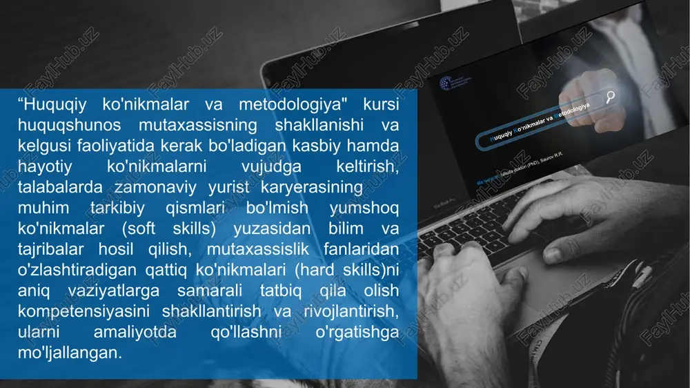 rni baholash murakkabroqdir. odatda ish beruvchilar ishga qabul qilishda intervyudan o'tkazish jarayonida bo'lajak xodimlarida bunday ko'nikma va malakalarning mavjudligini tekshirib ko'radilar. ularga psixologik savollar beradilar. bunday amaliyot asosan rivojlangan xorijiy davlatlarda uchraydi. "soft skills"lar juda keng. tahlillar uning predmetini quyidagilar tashkil etishini ko'rsatmoqda. ularni ushbu sxema orqali tasvirlash mumkin. • maqsadni belgilash; o'ziga bo'lgan ishonchni shakllantirish; tanqidiy mushohada yuritish; o'zganing holatini his etish; muloqot; moslashuvchilik; stressni yengish; liderlik; jamoada ishlash; javobgarlikni his etish; muammolarga yechim berish; kreativlik; vaqtni to'g'ri boshqarish va h.k. yuristlar uchun "soft skills" qay darajada muhim? yuristlar ham, boshqa aksariyat kasb egalari singari, mijozlar bilan ishlaydilar. ya'ni yuristlar mijozlar bilan shaxslararo munosabatga kirishadilar. binobarin, o'zlari yollanib ishlayotgan yuridik firma yoki biron muassasa va kompaniyada yuridik xizmatni amalga oshirish jarayonida ular ushbu muassasa va kompaniyaning rahbarlari, jamoasi bilan shaxslararo munosabatga kirishadilar. demak, yuristlar o'z faoliyati davrida ikki xil guruhdagi shaxslar doirasi bilan shaxslararo munosabatga kirishadilar. bular: 1. mijozlar. …
