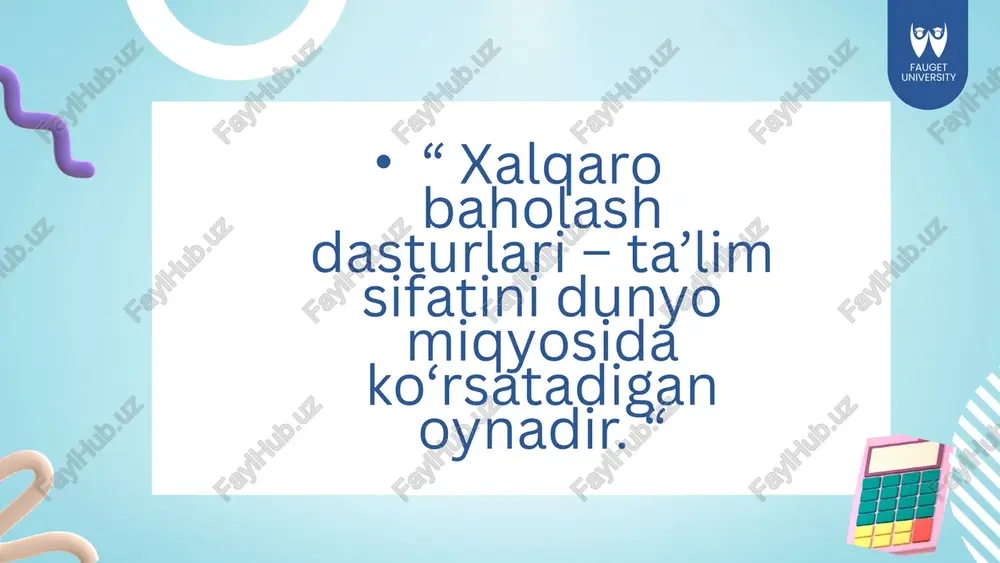 bu xalqaro baholash dasturi bo‘lib, 2001-yildan buyon iea (international association for the evaluation of educational achievement) tomonidan o‘tkazib kelinmoqda. pirls har besh yilda bir marta tashkil qilinadi va boshlang‘ich sinf o‘quvchilarining o‘qish savodxonligini baholashga qaratilgan. pirls dasturi xalqaro ta’lim yutuqlarini baholash assotsiatsiyasi (iea) tomonidan 2001-yildan boshlab o‘tkazila boshlandi. ushbu dastur o‘zining mazmuni jihatidan boshlang‘ich ta’lim tizimini chuqur o‘rganishga qaratilgan bo‘lib, dunyo miqyosida ta’lim sifati va bolalarning o‘qish savodxonligi darajasini aniqlashda muhim ahamiyatga ega. pirls o‘z mohiyatiga ko‘ra, boshlang‘ich sinf o‘quvchilarining (4-sinf) matnni o‘qish, tushunish va undan samarali foydalanish ko‘nikmalarini xalqaro darajada baholashga xizmat qiladi. boshlang‘ich ta’lim jarayonida o‘quvchilarning o‘qish savodxonligi darajasini o‘lchash; turli davlatlarda boshlang‘ich ta’lim sifatini solishtirish; o‘quvchilarning o‘qishga bo‘lgan munosabati va motivatsiyasini aniqlash; ota-ona, maktab muhitining o‘qish madaniyatiga ta’sirini o‘rganish; ta’lim tizimlari o‘rtasida eng yaxshi tajribalarni almashish uchun sharoit yaratish. pirls dasturining asosiy maqsadlari singapur rossiya irlandiya finlyandiya janubiy koreya ushbu mamlakatlarda o‘qish madaniyatiga e’tibor juda yuqori bo‘lib, …