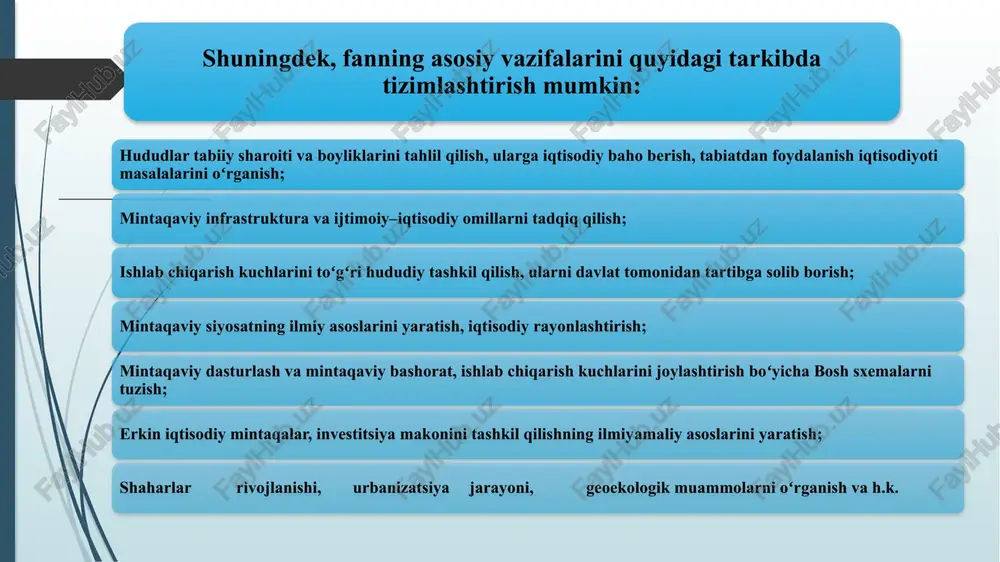 iy muammolarni o'rganish iqtisodiyotni tahlil qilish natijalariga asoslanib, maqsadli davlat siyosati va rivojlanish strategiyalarini ishlab chiqish mumkin. mintaqa tushunchasiga zamonaviy yondashuv mintaqa tushunchasi zamonaviy dunyoda o'zgaruvchan xususiyatlarga ega bo'lmoqda. globalizatsiya, texnologiyalar rivojlanishi va yangi iqtisodiy modellarning paydo bo'lishi, mintaqaviy rivojlanishga yangi yondashuvlarni talab qilmoqda. zamonaviy yondashuvda mintaqa faqat geografik chegaralarga emas, balki iqtisodiy, ijtimoiy va madaniy bog'liqliklarga ham e'tibor qaratadi. bu, mintaqalararo hamkorlik, innovatsiyalarni joriy etish, bilim va tajriba almashinuvi kabi omillarni hisobga olishni talab qiladi. mintaqaviy rivojlanishdagi qiyinchiliklar mintaqaviy rivojlanish jarayonida turli xil qiyinchiliklarga duch kelish mumkin. bu qiyinchiliklar quyidagilardan iborat bo'lishi mumkin: moliyaviy resurslarning yetarli emasligi infratuzilma muammolari ishchi kuchi potentsialining yetarli emasligi sanoatning rivojlanmaganligi ijtimoiy muammolar ta'lim va sog'liqni saqlash sohalarining rivojlanmaganligi bu qiyinchiliklarni engish, mintaqaviy rivojlanish strategiyasini to'g'ri shakllantirish, investitsiyalarni jalb qilish, infratuzilmani yaxshilash va ijtimoiy muammolarni hal qilishni talab qiladi. mintaqaviy rivojlanishning kelajagi mintaqaviy rivojlanishning kelajagi, globalizatsiya, texnologiyalar rivojlanishi va iqlim o'zgarishi kabi omillar ta'sirida …