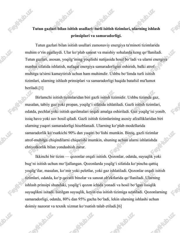 ‘i sifatida ko‘pincha qattiq yoqilg‘ilar, masalan, ko‘mir yoki peletlar, yoki gaz ishlatiladi. qozonlar orqali isitish tizimlari, odatda, ko‘p qavatli binolar va sanoat ob'ektlarida qo‘llaniladi. ularning ishlash prinsipi shundaki, yoqilg‘i qozon ichida yonadi va hosil bo‘lgan issiqlik suyuqlikni isitadi. isitilgan suyuqlik, keyin esa isitish tizimiga uzatiladi. qozonlarning samaradorligi, odatda, 80% dan 95% gacha bo‘ladi, lekin ularning ishlashi uchun doimiy nazorat va texnik xizmat ko‘rsatish talab etiladi.[6] bundan tashqari, tutun gazlari bilan isitish tizimlarida pechlar ham o‘rganilishi lozim. pechlar, asosan, qattiq yoqilg‘ilar, masalan, ko‘mir yoki yog‘och, bilan ishlaydi. ular issiqlikni to‘g‘ridan-to‘g‘ri havoga yoki suyuqlikka uzatish orqali ishlaydi. pechlarning samaradorligi, odatda, 70% dan 85% gacha bo‘ladi, lekin ularning ishlashida yoqilg‘i sifatiga va pechning dizayniga bog‘liq. pechlar ko‘pincha kichik joylarda va yakka tartibda ishlatiladi, shuningdek, ularning o‘ziga xos xususiyatlari, masalan, yonish jarayonining samaradorligi va chiqindilarni kamaytirish imkoniyatlari mavjud. yana bir muhim isitish tizimi — elektr isitish tizimlari. ushbu tizimlar elektr energiyasini isitishga aylantirish orqali …