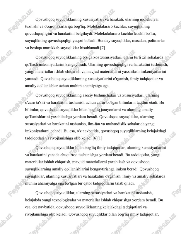 lmiy tadqiqotlar, ularning xususiyatlarini va harakatini yanada chuqurroq tushunishga yordam beradi. bu tadqiqotlar, yangi materiallar ishlab chiqarish, mavjud materiallarni yaxshilash va qovushqoq suyuqliklarning amaliy qo'llanishlarini kengaytirishga imkon beradi.[1] qovushqoq suyuqliklar uchun harakat tenglamalari: navier-stokes tenglamalari qovushqoq suyuqliklar, oddiy suyuqliklar bilan solishtirganda, o'zining qovushqoqlik xususiyatlari bilan ajralib turadi. qovushqoqlik suyuqlikning ichki ishqalanishini ifodalaydi va bu, suyuqlikning harakatiga ta'sir qiladi. qovushqoq suyuqliklar uchun harakat tenglamalari, navier-stokes tenglamalari, suyuqlik dinamikasining asosiy tushunchalaridan biridir. ushbu tenglamalar, suyuqlikning harakatini va uning ichki kuchlarini, shuningdek, tashqi kuchlarni hisobga olgan holda, suyuqlikning harakatini tavsiflaydi. navier-stokes tenglamalari, suyuqlikning harakatini matematik jihatdan ifodalovchi differential tenglamalardir. ular, suyuqlikning tezligi, bosim, qovushqoqlik va boshqa fizik xususiyatlarini hisobga oladi. bu tenglamalar, suyuqlikning harakatini tushunish va model qilishda muhim ahamiyatga ega. navier-stokes tenglamalari, qovushqoq suyuqliklar uchun harakatning muhim kriterialarini belgilaydi va bu suyuqliklarning dinamikasini tushunishga yordam beradi.[2][3] navier-stokes tenglamalari, odatda, quyidagi shaklda ifodalanadi: ∂u⁄∂t + (u · ∇)u = -∇p + ν∇²u + …