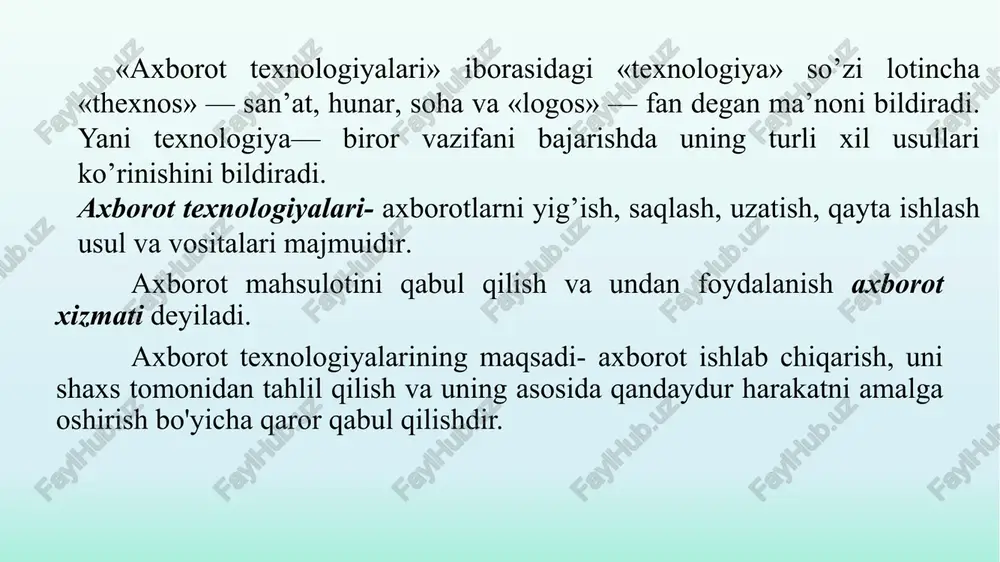da markazlashmagan ma'lumotlarni qayta ishlash texnologiyalarining uch turi mavjud: 1. birinchisi mahalliy tarmoqqa ulanmagan shaxsiy kompyuterlarga asoslangan (ma'lumotlar alohida fayllar va alohida disklarda saqlanadi). ko'rsatkichlarni olish uchun ma'lumotlar kompyuterga qayta yoziladi. kamchiliklari: vazifalarning o'zaro bog'liqligi yo'qligi, katta hajmdagi ma'lumotlarni qayta ishlash imkoniyati yo'qligi, ruxsatsiz kirishdan past himoya. 2. ikkinchisi: mahalliy tarmoqqa ulangan shaxsiy kompyuterlar, bu yagona ma'lumotlar fayllarini yaratishga olib keladi (lekin u katta hajmdagi ma'lumotlar uchun mo'ljallanmagan). 3. uchinchidan: maxsus serverlarni o'z ichiga olgan mahalliy tarmoqqa birlashtirilgan shaxsiy kompyuterlar ("mijoz-server" rejimi bilan). dasturiy vositalarning katta tanlovi bilan jihozlangan yuqori unumdor shaxsiy kompyuterlarning mavjudligi murakkab axborot mahsulotlarini ish joyida amalga oshirish imkonini berdi. buning uchun maxsus ishlab chiqilgan yangi apparat va dasturiy ta'minot tizimlari paydo bo'ldi avtomatlashtirilgan ish stantsiya tibbiyot amaliyotida axborot texnologiyalarini rivojlantirishning hozirgi tendentsiyalaridan biri avtomatlashtirilgan ish stantsiyasini (ais) ishlab chiqish va joriy etishdir. avtomatlashtirilgan ish joyi - bu xodimlarning kasbiy faoliyati bilan bog'liq oldindan belgilangan vazifalarni bajarish …