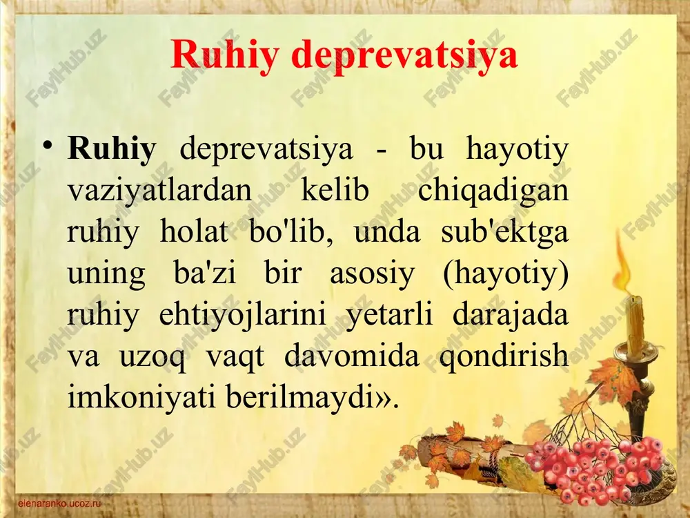 orlar ishonchsizlik bilan ajralib turadi, ko'pincha shifokorlarni o'zgartiradi va qo'shimcha tekshiruvlarni talab qiladi. og'riqli his – tuyg'ularni doimiy ravishda tuzatish, qarindoshlardan yordamning cheksiz talabi, barcha yangi qimmat tekshiruvlar uchun katta moliyaviy xarajatlar-bu gipoxondriya bilan kasallangan keksa odamning turmush tarzi.shu bilan birga, gipoxondriyadagi og'riqli tana hissiyotlari ruhiy kasalliklarga asoslangan. zamonaviy psixologiya va tegishli gumanitar fanlarda deprevatsiyaning ba'zi turlari umumlashtirilgan xarakterga ega yoki jamiyatda inson mavjudligining alohida jihatlari bilan bog'liq: ta'lim, iqtisodiy, axloqiy deprevatsiya va boshqalar. 6. deprevatsiyaning namoyon bo'lish shakli aniq deprevatsiya aniq: odamning ijtimoiy izolyatsiya sharoitida qolishi, uzoq vaqt yolg'izlik, bolani bolalar uyida tarbiyalash va boshqalar. deprevatsiyaning namoyon bo'lish shakli yashirin deprevatsiya (bu qisman, j. r. ga ko'ra). bowlby; niqoblangan, g. xarlou tomonidan) unchalik aniq emas. bu tashqi tomondan qulay sharoitlarda yuzaga keladi, ammo bu inson uchun muhim ehtiyojlarni qondirish imkoniyatini bermaydi. shunday qilib, j. bowlbining yozishicha, qisman deprevatsiya onaning boladan to'g'ridan-to'g'ri ajralishi bo'lmagan joyda kuzatilishi mumkin, ammo ularning munosabatlari …