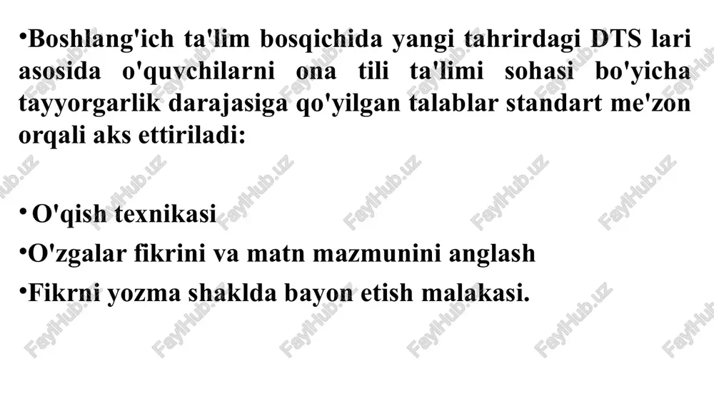 sh. talablar: a) imlo-xatolarga yo'l qo'ymaslik; b) ijodiy matnning mantiqiy jihatdan izchilligi; diktant turlari: saylanma diktant, lug'at diktant, ta’kidiy diktant, yoddan yozuv diktanti, nazorat diktant, izohli diktant, ko'rsatish diktant. miqdoriy ko'rsatgich: 5-6 gapdan iborat bo'lgan matn yaratish. talablar: a) matndagi gaplarning mazmunan o'zaro bog'liqligi va aloqadorligi, mavzu doirasida birlashishi; b) matnda xatboshining yaxlitligi va fikr izchilligini taminlash; d) uyadosh so'zlardan (gul: atirgul, ranogul, binafsha, lola) foydalana olish. matnning xarakteri: xotira asosida manzara, voqea- hodisa, narsa-buyum, joy, kinofilm va hokazolarning tasviri, kichik insho, xat-xabar maktabda amaliy ishlarning ahamiyati o'quvchilar tomonidan to'g'ri baholansa-da, o'quvchilarning nazariy bilimlaridan amalda foydalanishga qiynaladilar. yozma ishlarni bajarishda grammatika qoidalaridan kam foydalanadilar. aslida esa imlo savodxonlikni oshirish uchun ko'chirib yozish va amaliy mashqlar muhim o'rin tutadi. psixologik tadqiqodlardan ma'lum bo'lishicha, imlo savodxonlik asta-sekinlik bilan shakllanadi. amaliy ishlardan qoidaga o'tishda ham o'zlashtirish jarayoni sekinlik bilan kechadi. dastlab o'qituvchi rahbarligida og'zaki muhokama qilinadi. asta-sekin o'quvchilar o'ylab, mulohaza qilib anglay boshlaydilar. …