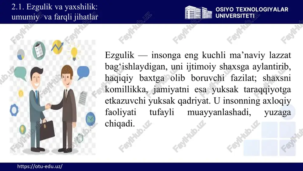 ual baxt muhimligini o‘rgatish mumkin, lekin bu o‘zgalarning huquqlariga hurmat bilan munosabatda bo‘lish kerakligi bilan birga bog‘lanishi kerak. evdomonizm: asosiy g‘oyasi: hayotning maqsadi baxt va farovonlikka erishish, lekin bu jismoniy lazzatdan ko‘ra ko‘proq ruhiy va axloqiy farovonlikni anglatadi. jaxloqiy tarbiyaga ta’siri: evdomonizm insonni uzoq muddatli baxtga intilishga undaydi, bu esa axloqiy qadriyatlarni mustahkamlaydi. yaxshi axloqiy fazilatlar (masalan, halollik, adolat) insonning baxt va to‘kis hayotga erishishi uchun muhim deb qaraladi. amaliy misol: farzandlarga chinakam baxt o‘zgalarga yordam berish, halol va to‘g‘ri bo‘lish bilan bog‘liqligini o‘rgatish. 10 2.2. etikaning zamonaviy muammolariga diniy va ilmiy yondashuvlar etikaning zamonaviy muammolari globalizatsiya, texnologiya rivojlanishi, ekologiya muammolari, jamiyatda tengsizlik va adolatsizlik kabi dolzarb masalalarni o'z ichiga oladi. ushbu muammolarga diniy va ilmiy nuqtai nazardan turli xil yondashuvlar mavjud. globalizatsiya globalizatsiya axloqiy qadriyatlarning turli madaniyatlarga tarqalishini va bir-biriga ta'sirini kuchaytiradi. texnologiya rivojlanishi texnologiya rivojlanishi yangi axloqiy muammolarni, masalan, sun'iy intellektning rivojlanishi, genetik muhandislik va boshqalarni keltirib chiqaradi. …