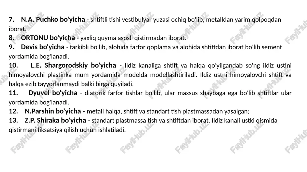 ustki qismi oral yuzasi milk ustidan 2-3 mm gacha ko'tarilib to'g'irlanadi. 4. ildiz kanali kengaytiriladi va tayyorlanadi. 5. farforni rangi tanlangandan so'rng qoplama o'lchami tushiriladi, ortiqcha qismi olib tashlanadi. 6. farfor qoplama taqib ko'rish jarayonida shtift ildiz kanali ichida bo'ladi ya'ni noaniq bo'lib qolmasligi uchun. 7. farfor qoplama taqib ko'rilgandan so'ng ildiz, qoplama va shtift yakuniy ishlov beriladi. spirt yoki efir yordamida so'ngra quritiladi va sement yordamida fiksatsiyalanadi. devis bo'yicha tish shtiftlari: shtift uchun maxsus teshigi bor bo'lgan forfot qoplama hisoblanadi. qoplamada standart bir tomoni yopiq teshik bo'lib shtift diametriga bir hil bo'ladi. bu yasash jarayoni ancha qulay hisoblanadi. faqatgina shtift diametri va uzunligi to'g'ri tanlansa kifoya. forfor qoplamani rangi va shtift diametriga mosi tanlanadi. salbiy tomoni: - standart shtiftli tishlar logan va devis bo'yicha usullarda tish qattiq to'qimasi ko'p qismini charxlashga to'g'ri keladi. -tish ildizida korroziya jarayoni kuzatiladi. - skonstruktsiya sementda ajrab ketishi ko'p kuzatiladi. -so'lakva og'iz suyuqliklaridan ildiz …