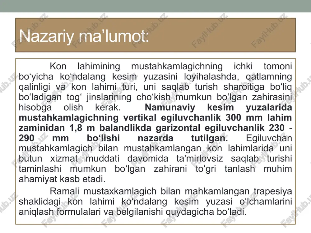 og'liq holda kattarib boradi. kon lahimiga kanveerlar o'rnatilganda: bir tomondan 700 mm, ikkinchi tomondan 400 mm dan kam bo'lmagan masofa qoldiriladi. agar kon lahimida kanveer bilan birga relsli yo'l ham mavjud bo'lsa harakatlanuvchi sastav korpusi bilan konveerning eng yaqin qismigacha 400 mm dan kam bo'lmagan masofa qoldirilishi kerak. kanat simining lahim zaminidan osilib turish ballandligi. h'k=hk+ hp+ hb bu yerda: hk> 200 mm – rels galovkasidan boshlab kanat simining osilib turish balandligi; hp+ hb – rels yo‘lining qurilish balandligi (u p33 relsi qo'llanilib ballast qatlamining qalinligi 200 mm bo'lganda 390 mm ga, p24 relsi qo'llanilib ballast qatlamining balandligi 190 mm bo‘lganda 350 mm ga p18 relsi qo'llanilib ballast qatlami balandligi 180 mm bo‘lganda 320 mm ga teng bo'ladi). nazariy ma’lumot: kanat simining osilib turish balandligiga tok qabul qiluvchi moslama bilan mustahkamlagich orasidagi m'>200 mm masofa qoldirilishi ko‘zda tutiladi. ma'lum masshtabda qog'ozga harakatlanuvchi sastav bilan mustahkamlagich, tok qabul qiluvchi moslama bilan …