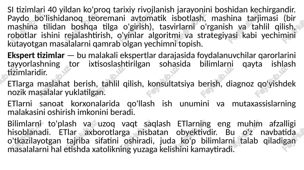 n bo'lib, olimlar bu qiyin intellekt mexanizmini o'rganishmoqda. biroq, sun'iy intellekt tizimida dastur tuzish uchun etarli bilimlar mayjud. bilimlar bazasi sun'iy intellekt sitemasida bilimlar bazasi muhim o'rin egallaydi. shu sohaning ilg'or mutaxassisi stenford universiteti professori edvard feyganbaum bilimlar asosida, komp’yuter ga tuzilgan intellektual dastur juda qiyin bo'lib, bunda ekspertga murojaat etishni ta'kidlaydi. o'zi sun'iy intellekt atamasi aniq bir tushuncha bo'lmay, biz uni sinonimi sifatida «ekspert tizimlar» va «bilimlarga asoslangan tizimlar» tushunchalarini ishlatamiz. 2-rasm. bilimlarni tasvirlash bilimlar bazasiga asoslangan ekspert tizimining ishlash sxemasi quyidagicha bo'ladi. tahlil natijalari yoki qiymatlar tanlash; kuzatish; natija interpretatsiyasi; yangi informatsiyalarni o'zlashtirish; gipoteza va qoidalar yordamida yangi qiymatlar yoki yangi tahlil natijalari olish. mana shu jarayon, yetarli axborot yig'ilgunga qadar davom etadi. sxematik ko'rinishda quyidagicha ifodalaniladi. 3-rasm. et ning ishlash sxemasi bilimlar bazasiga asoslanib, qurilgan ekspert tizimlarining eng asosiylari dialog ko'rinishda bo'lishi mumkin. bu tipdagi dasturlar ishga tushirilganda foydalanuvchi qisqacha «ha» yoki «yo'q» javoblarini berish mumkin shu …