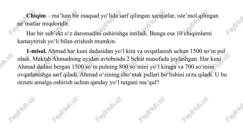 alarni boqish va parvarish qilish sarf qildi. natijada ularni xatosiz katta qilishga erishdi. so‘ngra jo‘jalarning har birini 15 000 so‘mdan sotdi. agar mansur jo‘jalarni sotish uchun 10 000 so‘m xarajat qilgan bo‘lsa, uning daromadi va foydasini aniqlang. mahsulot tannarxini va samaradorlikni hisoblang. firma sopol idish tovoqlar ishlab chiqarishga yo‘naltirilgan. o‘tgan yilgi hisobotga ko‘ra, mahsulotni ishlab chiqarish va sotishga sarf qilingan umumiy xarajatlarning pul qiymati 200 000 so‘mni, daromadi esa 500 000 so‘mni tashkil qilgan. firmaning foydasini, firma faoliyatining samaradorligini hisoblang. 3. " ruff manufacturing inc" uyushmasi velosiped ishlab chiqarish bilan shug‘ullanadi. uyushmada 5 ta ishchi bo‘lib, ularning har biri haftasiga 40 coat ishlaydi. agar uyushma bir haftada 200 ta velosiped ishlab chiqarsa, bu uyushmaning mehnat unumdorligini toping. 4. "ride-m-bicycle" uyushmasida 10 ta odam ishlaydi va haftada 600 ta velosiped ishlab chiqaradi. agar har bir ishchi haftada 40 soatdan ishlasa, uyushmadagi mehnat unumdorligini toping. 5. fermer 50 gektar erga paxta ekib, …