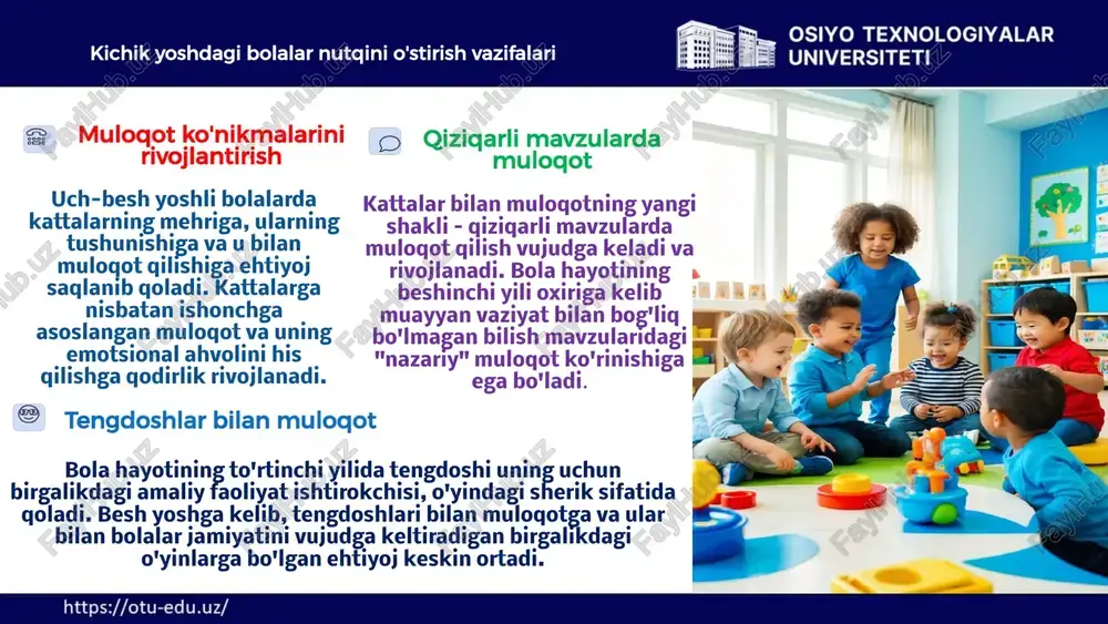 ahnalashtirish o'yinlari bola nutqining ifodaliligini shakllantirish, to'g'ri sur'at, nafas olish, yaxshi diksiyani mashq qilishda yordam beradi. didaktik o'yinlar didaktik o'yinlar yordamida bolalarda atrof-olam haqidagi bilimlar mustahkamlanadi, lug'at mustahkamlanadi, aniqlashtiriladi va faollashtiriladi. nutqiy mahorat va ko'nikmalarni mashq qilishda qo'llaniladi. 9 maishiy faoliyat orqali nutqni rivojlantirish kundalik faoliyatni tashkil etish to'g'ri tashkil etilgan maishiy faoliyat jarayonida (ovqatlanish, kiyinish, gimnastika, sayohat) bolalarning lug'ati boyiydi va nutqi rivojlanadi. maishiy buyumlar bilan tanishish pedagog maishiy buyumlar nomlarini, ularning qismlari, sifati, xususiyati, qo'llanish maqsadini batafsil tushuntiradi va bolalar lug'atini boyitadi. harakatlarni sharhlash pedagog bolalar bilan maishiy buyumlar bilan tegishli harakatlarni amalga oshiradi va buni sharhlab beradi, bolalarga savol beradi, ularga maishiy lug'atdan foydalanishni o'rgatadi. ifodali nutqni rivojlantirish pedagog o'z nutqida tashbeh, qiyoslash, sinonimlar, xalq og'zaki ijodidan keng va mohirona foydalanadi, uning nutqi bosiq va ifodali bo'ladi. 10 badiiy adabiyot - nutqni rivojlantirish vositasi dunyoni anglash bolalar kitoblari she'riy obrazlarda bolaga jamiyat va tabiat hayotini, insoniy his-tuyg'ular …