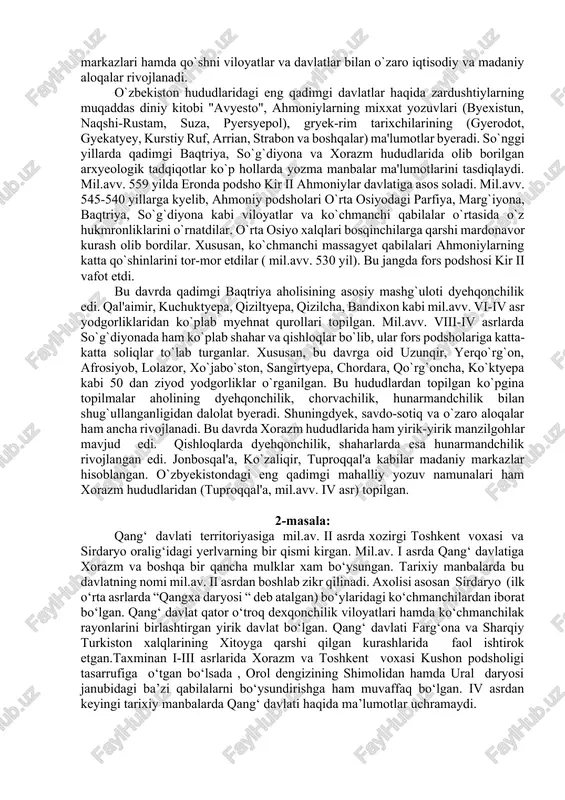mgi baqtriya qo’shni viloyatlarga nisbatan ancha qudratli o’lka bo’lib, ular orasida mavqyei baland bo’lgan. uning tabiiy boyliklari old osiyoga qadar mashhur bo’lgan. marg’iyona (murg’ob daryosi vohasi) ham o’rta osiyo hududidagi muhim tarixiy madaniy viloyatlar sirasiga kiradi. boshqaruv asoslari shakllanishi va rivojlanishini ushbu viloyat misolida ham ko’rishimiz mumkin. ammo marg’iyonani mustaqil davlat sifatida baholash uchun asoslar yetarli emas. shuningdek, so’g’diyona (qashqadaryo va zarafshon vohalari) masalasi ham hozirga qadar fanda uzil-kesil hal qilinmagan. keyingi paytlarda so’g’diyona ham qadimgi davlatlar qatoriga kirganligi haqidagi qarashlar tez-tez ko’zga chalinmoqda. ammo bunday qarashlar manbalar ma’lumotlarida o’z tasdig’ini topganicha yo’q. muhim geografik hududda joylashgan mazkur viloyat turli tarixiy davrlarda turli davlat uyushmalari tarkibida bo’lgan, ba’zi paytlarda esa o’zini-o’zi mustaqil idora etgan. marg’iyona va so’g’diyona aholisi o’troq hayot kechirib, dehqonchilik, uy chorvachiligi va hunarmandchilik bilan shug’ullangan. ijtimoiy-iqtisodiy ahvolni tahlil qilish shuni ko`rsatadiki, mil.avv. i ming yillikning boshlariga kyelib o`rta osiyoning nisbatan rivojlangan hududlarida ilk davlat uyushmalari paydo bo`la …