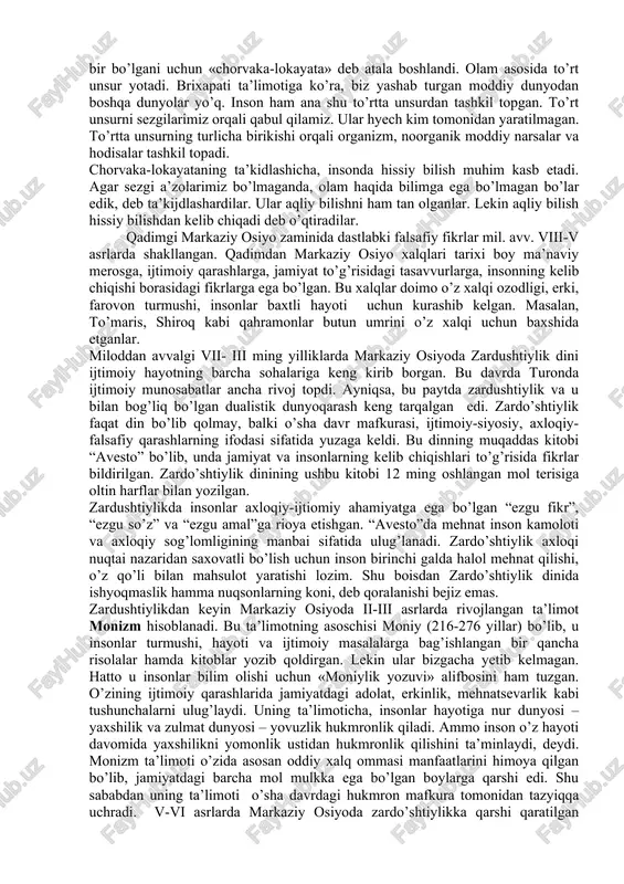 , diniy gimnlar, qo’shiqlar to’plami) o’z ifodasini topgan. bu vedalardan eng muhimi rigveda bo’lib, eramizdan taxminan 1500 yil oldin maydonga kelgan. qolganlari esa yajurveda, samaveda va atxarvavedalardan iborat. eramizdan 1000 yil oldin upanishad (maxfiy ta’limot) oqimi vujudga kelib, uning ijodiy mahsullikda, deb tushuntiradi. upanishadlar falsafasining mohiyati shundaki, u jonni ruh bilan tenglashtiradi. upanishadlarcha, tan jonning qobig’i bo’lib, jon esa – dunyoviy ruhning bir bo’lagidir. upanishadlardagi falsafiy mavzular asosan insonni o’rab turgan borliq, uning hayotidagi o’rni va vazifasi, tashqi olam va inson tabiati, uning hayoti va ruhiyatining mohiyati, bilish imkoniyatining chegaralari axloq me’yorlari haqidadir. falsafiy muammolar asosan diniy-mifologik nuqtai nazardan bayon etilgan. jaynizm (hindcha «jinna» - «g’olib») – eramizdan avvalgi 1-yillik o’rtalarida qadimgi hindistonda yuzaga kelgan va olamning asosida ikki ibtido: materiya va jon yotadi, deb hisoblaydigan ta’limot. jaynizm ta’limotiga ko’r. insonning asosiy maqsadi tashqi olam xukmronligidan qutulish va kamolga erishishdir. inson tabiati ham moddiy, ham ruhiydir. jon bir vaqtning o’zida …