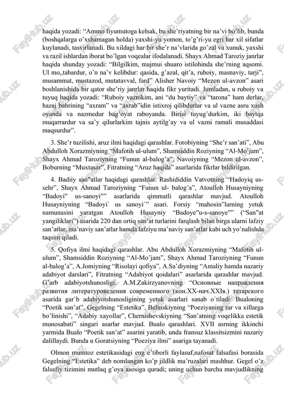 ’lib, uning ham ma’lum vazni bo’ladi, unda yomon fe’l-atvorlar zikr qilinadi, odamlar, ularning axloqlari qoralanadigan va xush ko’rilmagan tabiatlar hajv qilinadi”. forobiy fiyumuto haqida yozadi: “ammo fiyumutoga kelsak, bu she’riyatning bir na’vi bo’lib, bunda (boshqalarga o’xshamagan holda) yaxshi-yu yomon, to’g’ri-yu egri har xil sifatlar kuylanadi, tasvirlanadi. bu xildagi har bir she’r na’vlarida go’zal va xunuk, yaxshi va razil ishlardan iborat bo’lgan voqealar ifodalanadi. shayx ahmad taroziy janrlar haqida shunday yozadi: “bilgilkim, majmui shuaro istilohinda she’rning aqsomi. ul mo„tabardur, o’n na’v kelibdur: qasida, g’azal, qit’a, ruboiy, masnaviy, tarji‟, musammat, mustazod, mutatavval, fard” alisher navoiy “mezon ul-avzon” asari boshlanishida bir qator she’riy janrlar haqida fikr yuritadi. jumladan, u ruboiy va tuyuq haqida yozadi: “ruboiy vaznikim, ani “du baytiy” va “tarona” ham derlar, hazaj bahrining “axram” va “axrab”idin istixroj qilibdurlar va ul vazne asru xush oyanda va nazmedur bag’oyat raboyanda. birisi tuyug’durkim, iki baytqa muqarrardur va sa’y qilurlarkim tajnis aytilg’ay va ul vazni …