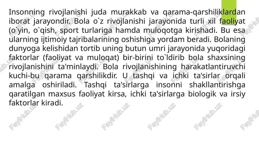 i bolalik davrida keskin o'zgarib turadi, buni bolalarning o'zini o'zi anglash ko'rsatkichlarini kuzatish orqali ko'rishingiz mumkin: • 2 va 3 yoshda bola “men” va “o'zim” olmoshidan tez-tez foydalanadi • 3 va 4 yoshdan boshlab avtobiografik shaxs paydo bo‘ladi • o'z-o'zini aniq tavsiflash, masalan, “men o‘gil bolaman”, “men chiroyliman”. • qanday vazifalarni bajarish mumkinligi haqida o‘zida ishonch paydo bo‘ladi • o‘zining his-tuygularini tengdoshlari bilan ulashadi • ko‘pgina bolalarda odatda o‘z-o‘zini hurmat qilish namoyon bo‘ladi ijtimoiy bilish - boshqa odamlar qanday o‘ylashlari, harakat qilishlari va munosabat bildirishlari mumkinligi haqida fikr yuritish jarayoni va shunga mos ravishda o‘zlarining shaxslararo xatti-harakatlarini tanlash. o`yin bola ijtimoiy rivojlanishining eng qulay va samarali shakli o‘yindir. o‘yin davomida bola ijtimoiy hissiy jihatdan shakllanadi, o‘zini kattalardek tutishga intilib, kattalarning (ota-onasi, tarbiyachi, sotuvchi va xk) xatti-xarakatlariga taqlid qiladi, ijtimoiy hayotda faol ishtirok etishni o`rganadi. o`yinda bola o`rab turgan dunyo bilan o`zaro munosabatda bo`lishni o`rganadi. nizolarni hal qilishning turli usullarini o`zlashtiradi, …
