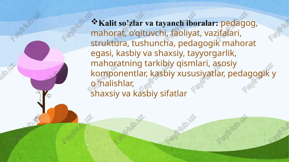 ning faoliyatida namoyon bo'ladi. o'qituvchi o'z faoliyatida pedagogik mahoratga erishish uchun o'z faoliyatini boshqarish qobiliyati, yuqori bilim, etarli malaka va ko'nikmalar bo'lishi talab qilinadi. pedagogik mahoratni egallash uchun o'qituvchi doimo o'z ishini tahlil qila bilishi, o'ziga o'quvchilar nazari bilan qaray olishi va kamchiliklarni tuzatish uchun tinimsiz izlanishi zarur. o'qitish jarayonida pedagog o'z faoliyatining samarali bo'lishi uchun pedagogik texnologiyani yaxshi bilishi, uning yangi-yangi yo'llarini yarata oladigan va ijodiy ishlaydigan pedagogik mahorat egasi bo'lishi zarur. o'qituvchi pedagogik mahoratga erishish uchun: pedagogik takt va hodisalarni umumlashtira olishi, o'zining va o'quvchilarning faoliyatini boshqara olish qobiliyati, yuqori bilim, malaka va ko'nikmalarga ega bo'lishi talab qilinadi. demak, o'qituvchi – o'quvchining shaxsiy faolligini har tomonlama rivojlantirishga yo'naltira olishi zarur. nazorat uchun savollar: 1. pedagogika fani nima haqida bahs yuritadi? 2. pedagogika fanining boshqa fanlar bilan aloqasini aytib bering. 3. pedagogika fanining bo ‘limlari deganda nimani tushunasiz? 4. pedagogika fanining dolzarb muammolarini aytib bering. 5. pedagogika fanining vazifalari …