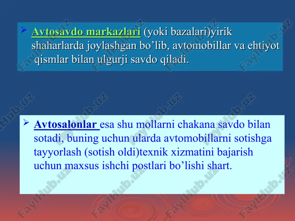 sh va ba’zi bir ta’mirlash ishlarini ham bajaradi, ammo bu ishlar ikkinchi o’rinda bo’lib, u ham faqat o’z firmasi avtomobillariga ko’rsatiladi. shuning uchun ham bunday korxonalar firma usulida xizmat ko’rsatuvchi atxkslar deb yuritiladi. ular ko’rsatgan xizmatlari hajmi salmoqli bo’lib, ba’zi mamlakatlarda (masalan, yevropa mamlakatlarida) umumiy xizmatning 30% gacha yetib boradi. mamlakatimizda bunday firma usuliga o’xshash xizmat ko’rsatuvchi stansiyalar asosan “avtotexxizmat” hissadorlik birlashmasiga qarashlidir. atxks lari o’z xizmati bilan bog’liq bo’lgan barcha ishlarni, chunonchi, avtomobilni yuvishdan tortib to unga texnik xizmat ko’rsatish, asosiy qismlari va agregatlari, mexanizmlarini ta’mirlay olgan holda universal stansiyalar deb ataladi. ba’zi hollarda ayrim atxkslar, ayniqsa, shahar stansiyalari, xizmatning ayrim ishlarinigina bajaradi, bu holda stansiyalar ixtisoslashgan deb ataladi. ixtisoslashish xizmat ko’rsatiladigan avtomobil markalari va turlariga qarab ham bo’lishi mumkin, ayniqsa bu firma usulida xizmat ko’rsatuvchi stansiyalar va dilerlarga xosdir. shuningdek atxks lari bajarayotgan ishlar hajmiga qarab ham ixtisoslashgan bo’ladi. mayda stansiyalar o’z ishlab chiqarish imkoniyatlaridan kelib chiqib kichik …