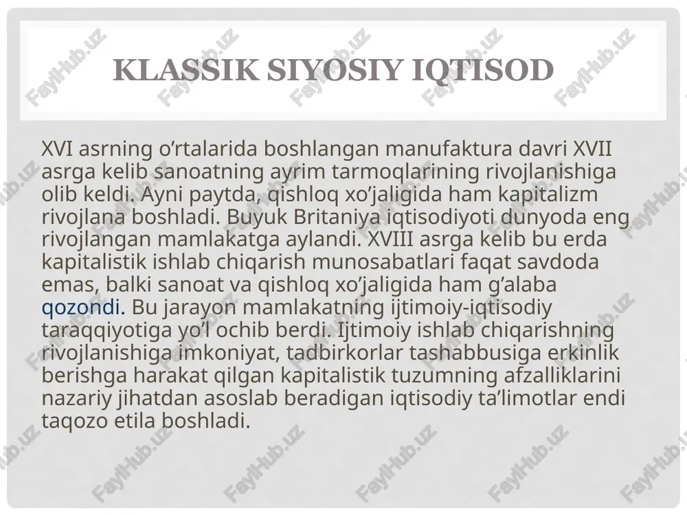 hozilmadi. u iqtisodiyotni tushunishda ber necha tahliliy tushunchalar berganligi sababli uning keyingi g’oyalarning shakllanishida ahamiyatli rol o’ynadi. fransua kene iqtisodiy ta’limoti fransua kene (1694–1774) fiziokratlar maktabining asoschisi hisoblanadi. ] f.kene har tomonlama bilimli olim bo’lib, versal yaqinida kambag’al dehqon oilasida dunyoga keldi. u yoshligidan tibbiyotga qiziqdi va bu sohada ta’lim oldi. keyinchalik tibbiyot amaliyoti unga shuhrat keltirdi. 1752 yilda qirol lyudovik xv saroyida tabiblik qildi. tibbiyot va biologiyaga oid ko’pgina asarlar yaratdi. f.kene iqtisodiyot muammolari bilan 60 yoshidan boshlab shug’ullana boshladi. f.kenening iqtisodiy g’oyalari qirol saroyida - versalda yuzaga keldi. u umrining oxirigacha o’sha yerda yashadi va ijod qildi. uning fiziokratik g’oyalarini keyinchalik a.tyurgo davom ettirdi. shunday qilib, haqiqiy fiziokratlar maktabi yoki o’sha davr tili bilan aytganda «iqtisodchilar maktabi» tarkib topdi. uning eng rivojlangan davri xviii asrning 60-70-yillariga to’g’ri keladi. asarlari «soliqlar» «iqtisodiy jadval» (1758) «aholi» «don» «fermerlar» f.kenening tabiiy tartib to’g’risidagi iqtisodiy kontseptsiyaning huquqiy asosi - xususiy mulkni, shaxsiy …