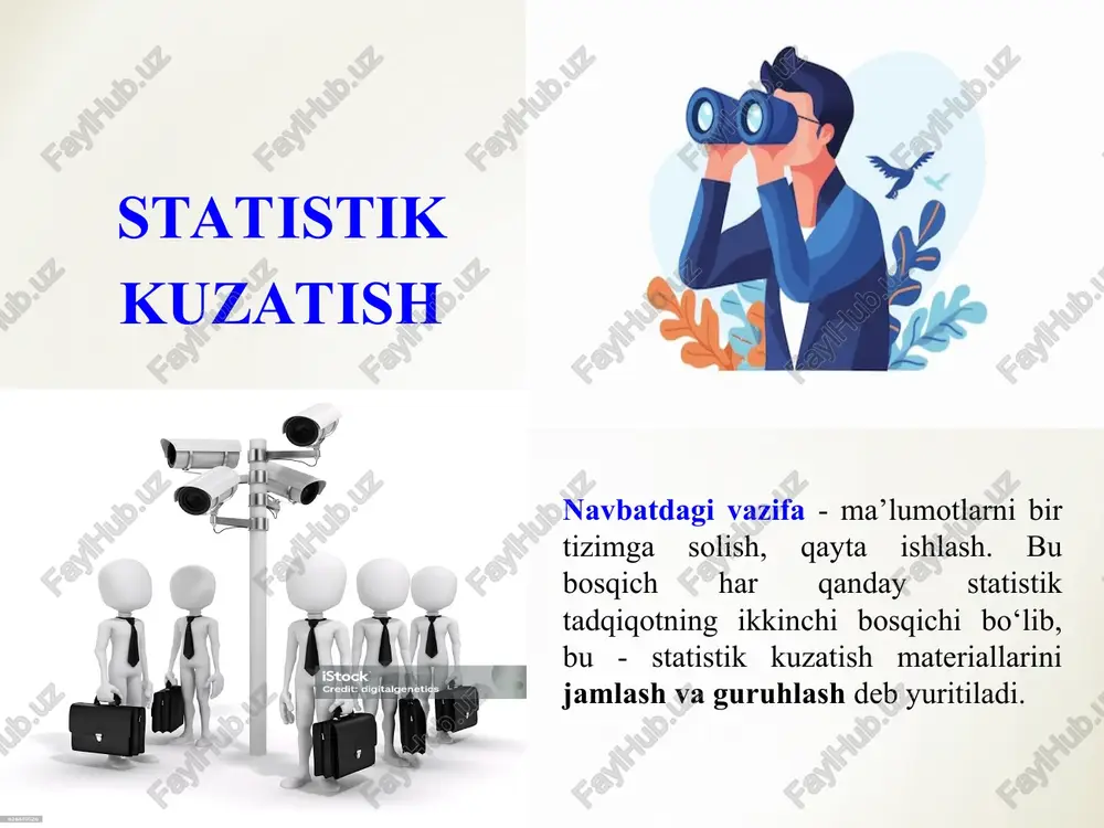 htirish va ularni grafiklarda tasvirlash kabi bosqichlarni o‘z ichiga oladi. 3. 2. har bir guruh va guruhlar bo‘yicha umumiy yakunlarni chiqarish; 4. sud statistikasining asoschisi a.n. radishev jinoiy ishlarini guruhlarga bo‘lib o‘rganishni ta’kidlagan guruhlash usuli birinchi marta xviii asrda rossiyada tatbiq qilina boshlandi. bu usulini tatbiq qilishda va rivojlantirishda a.n. radishevning (1749-1802) hissasi katta. guruhlash to‘g‘risida tushuncha va ularning usullari guruhchalar statistik guruhlash deb ijtimoiy hodisa va jarayonlarni chuqur va har tomonlama o‘rganish maqsadida eng muhim, xarakterli belgilar bo‘yicha bir xil guruh va guruhchalarga ajratib o‘rganishga aytiladi. guruh guruhlash o‘rganilayotgan hodisaning xarakterli xususiyatini, undagi qonuniyatni aniqlashga imkon beradi. ana shu tomoni bilan u ilmiy jamlashning asosiy unsuri bo‘lib hisoblanadi. guruhlash talab qilinadi. samaradorlik darajasi bo‘yicha quyidagi uch guruhga: ilg‘or; o‘rta; qoloq; katta-kichikligiga qarab: yirik; o‘rta; kichik; mulkchilik shakliga qarab: davlat; jamoa; xususiy kabi guruhlarga bo‘lish mumkin. guruhlash usuli yordamida bir-biri bilan bog‘liq bo‘lgan quyidagi uch turdagi vazifa yechiladi: statistik guruhlash …