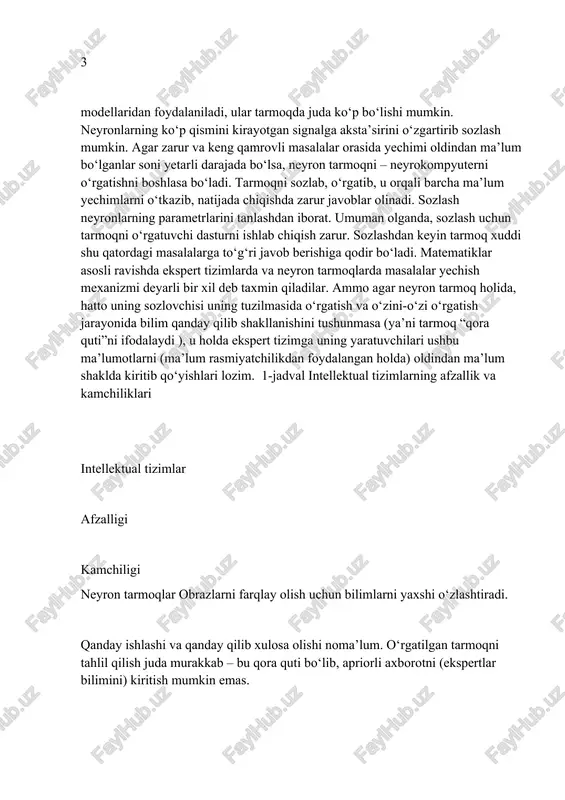 zi tahlil qilish va o‘z ichki tuzilmasini takomillashtirish ko‘zda tutilmagan. hozirgi zamonaviy dinamik ekspert tizimlar esa ma’lum darajada tashqi muhit o‘zgarishlarini hisobga oladi hamda o‘z ma’lumotlar bazasining tuzilmasini o‘zgartirishga qodir va hozircha bu kerakliyo‘nalishdagi ehtiyotkorona qadamlar hisoblanadi. ekspert tizimlaristandart qobiqlari dasturiy ta’minotni yaratishda erishgan katta yutuqlariga qaramasdan (endilikda ularni har bir ekspert mustaqil ravishda, hatto muhandisdasturchilarning yordamisiz, to‘ldirishi mumkin), mazkur murakkab uskunalar hozircha sun’iy intellektning to‘laqonli tizimlari hisoblanmaydi. biroq ekspert tizimlari mutaxassis ekspertlarning tajribasi va bilimlaridan global miqyoslarda foydalanishga imkon beradi, ularning bilim va tajribasini qo‘llash hatto tajribasiz foydalanuvchilarga ham qiyinchilik tug‘dirmaydi. neyron tarmoqlar yanada qiziqarliroqdir. dastlab neyron tarmoq perseptron (perseptio – idrok qilish) debnomlangan, chunki ularni shakllantirishda asosiy vazifa obrazlarni farqlab olish bo‘lgan. dastlabki perseptron – mark-i – birinchi neyrokompyuter (uning yaratish tamoyillari va texnik amalga oshirish variantlari 1957-yilda (f.rosenblatt) ishlab chiqilgan, 1985-yilda esa birinchi tijorat neyrokompyuteri – mark–iii yaratilgan). neyron tarmoqlar elementlari sifatida neyronlarning chiziqli bo‘lmagan matematik 3 …