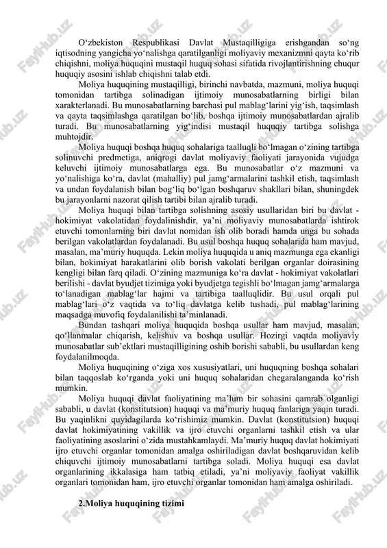 rtasida; byudjetga majburiy to‘lovlarni to‘lash yoki byudjet mablag‘lari olishda moliya-kredit organlari bilan davlat korxonalari, muassasalari va boshqa jamoat tashkilotlari o‘rtasida yuzaga kelishi mumkin. bunga o‘xshash munosabatlar quyi turuvchi organlar bilan yuqori turuvchi organlar o‘rtasida (masalan, kredit olishda, mablag‘larni qayta taqsimlashda), shuningdek moliya-kredit organlarining ichki tizimida (masalan, markaziy bank bilan banklar o‘rtasida) yuzaga kelishi mumkin. bu munosabatlarning barchasi moliya huquqi me’yorlari bilan tartibga solinadi. moliya huquqi me’yorlari davlat tomonidan insonlarning xulkiga (yurish-turishiga) ta’sir etish vositasi sifatida hamda moliyaviy munosabatlarni tashkil etishning yagona qoidalarini o‘rnatishda foydalaniladi. moliya huquqi turli xildagi ijtimoiy munosabatlarni tartibga solib, davlat faoliyatini pul mablag‘lari bilan ta’minlaydi, mamlakat mudofaasining mustahkamlanishida, xalqaro iqtisodiy va madaniy aloqalarning rivojlanishida katta ahamiyatga ega bo‘ladi. demak, moliya huquqi - bu davlat va mahalliy hokimiyat organlarining o‘z oldiga qo‘ygan vazifalarini amalga oshirishlari uchun zarur bo‘lgan pul jamg‘armalarining (moliya mablag‘larining) tashkil topishi, taqsimlanishi va foydalanilishi jarayonida yuzaga keladigan ijtimoiy munosabatlarni tartibga soluvchi me’yorlar yig‘indisidan iboratdir. huquq …