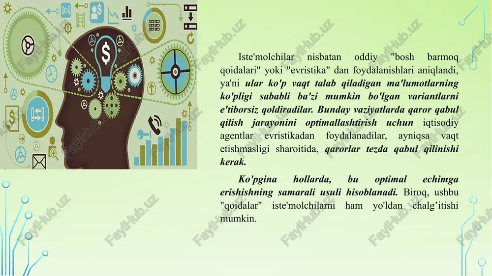 im 2" (sekin, oqilona, aniq) deb ataydigan "ikki davrli" qaror qabul qilish psixologiyasi kontseptsiyasini taklif qildi. ikkinchi tizimning harakatlari, olimning fikriga ko'ra, faoliyat, tanlov va kontsentratsiyaning sub'ektiv hissi bilan bog'liq. natijada, haddan tashqari optimizm (optimizm), haddan tashqari ishonch (haddan tashqari ishonch), mavjudlik evristikasi (mavjudlik), "orqa aql bilan hamma kuchli" (hindsight bias) kabi hodisalar nafaqat odatiy, balki ommaviy hodisalar bo'lib chiqadi.ham iqtisodiy amaliyotda, ham kundalik hayotda. image2.png image3.jpeg image4.jpeg image5.jpeg image6.jpeg image7.jpeg image8.jpeg image9.jpeg image10.png image11.jpeg image12.jpeg image13.jpeg image14.png /docprops/thumbnail.jpeg