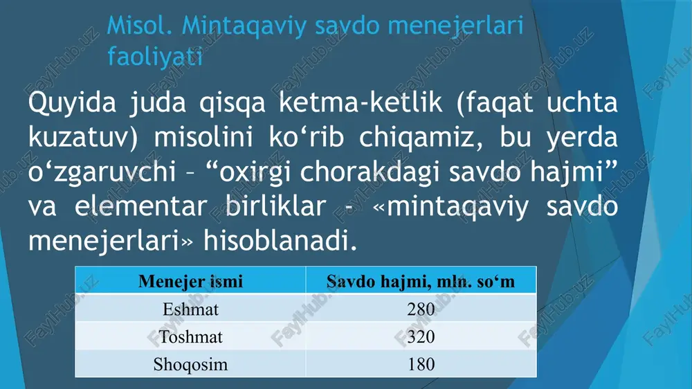 tipik farqi taxminan 0,5% (o‘rtacha yuqori ustunlar bir-biridan gorizontal o‘q bo‘yicha taxminan 0,5 foiz punktiga teng). 4. umumiy ma’lumotlar konfiguratsiyasi. aksariyat tashkilotlar o‘rtasha diapozonning o‘ng tomoniga (bu yerda eng yuqori ustunlar) joylashgan va bir nechta tashkilotlar juda past yoki juda yuqori stavkalarni taklif qilishgan (o‘ng va chapdagi qisqa ustunlar). 5. xarakterli xususiyatlar. ehtimol, bu misolda gistogramda 6,9 dan 7,0 gacha bo‘lgan maydonni o‘tkazib yuborganini payqadingiz. ko‘rinishidan, hech bir kompaniya 6,9% dan 7,0% gacha bo‘lgan foiz stavkasini taklif qilmaydi. buning sababi, odatda, kompaniyalar foiz stavkasining 1/8qismini qo‘llaydilar (masalan, 6,5%; 6,625%;, 6,75%, 6,875% va 7%). gistogramlar va ustunli diagrammalar tasodifiy tanlab olish — bu to‘liq o‘rganish uchun juda katta bo‘lgan bosh to‘plamdan batafsil o‘rganish uchun ajratib olishning eng yaxshi usullaridan biri bo‘lib hisoblanadi. gistogram – ma’lumotlarning emas, balki ustun chastotalarini diagrammasidir. gistogramdagi har bir ustunning balandligi gorizontal o‘qda ko‘rsatilgan qiymat ma’lumotlari to‘plamida qanchalik ko‘p uchrashini ifodlaydi. bu ma’lumotlarning yuqori va past konsentratsiyali …