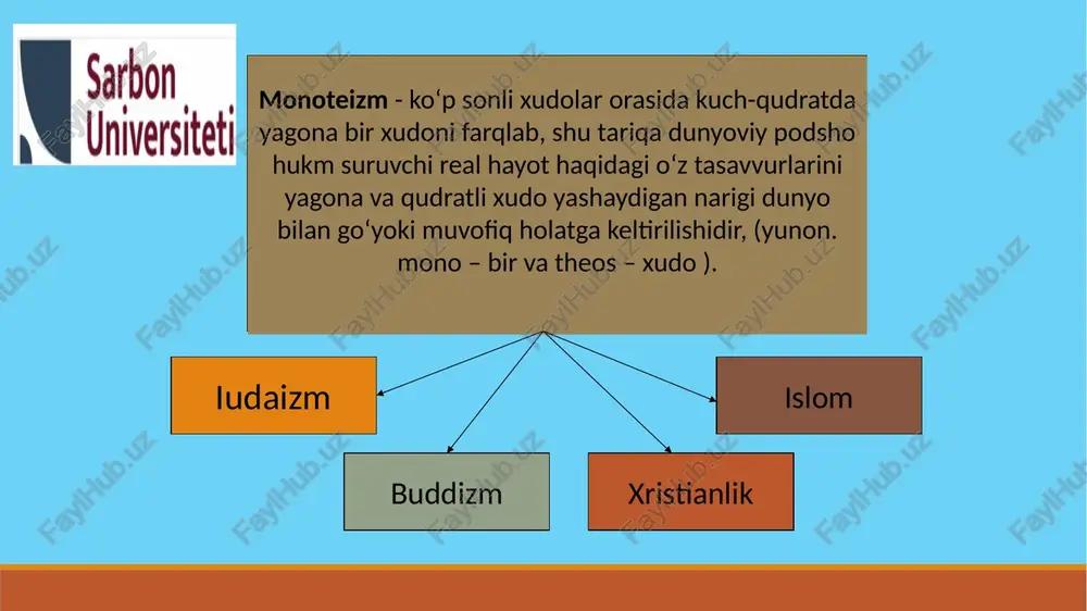 larida odamlarni bu dunyo noz-ne’matlaridan bahramand bo‘lib yashashga, shod-xurram hayot kechirishga, o‘lim, oxirat haqida hadeb o‘ylavermaslikka chaqirganlar. ilk diniy-falsafiy tasavvurlari haqida ma’lumot beradigan manbalardan biri – “nasihatnoma”da bilimning xosiyati, bilimdon kishining qadr-qimmati to‘g‘risida aytilgan. diniy-mifologik asarlarida tabiat hodisalari ilohiylashtirilgan. o‘simlik va daraxtlarga topinganlar. yulduzlarni doim kuzatishi natijasida sayyoralarni yulduzlardan ajrata bilganlar va hatto, yulduzlar xaritasini ham tuzganlar. falakkiyotga oid bilimlari asosida taqvim tuzganlar. taqvim yili 12 oyga bo‘lingan, har oy 30 kundan iborat bo‘lib, yil oxiriga 5 ta bayram kuni qo‘shilgan. va bir yil jami 365 kun bo‘lgan. kasalliklar sababini aniqlash, ularni oldini olish tibbiyot fanini yuzaga keltirdi. misrliklar kasalliklarning juda ko‘p turlaridan, masalan, bosh og‘rig‘i, dizenteriya, sariq kasallik, yo‘tal, qon ketish va boshqa har xil kasalliklardan xabardor bo‘lganlar. qadimgi misr va bobil diniy qarashlarining asosiy xususiyati: 1) xudolarga ishonch, ilohiy kuchlarning tabiat va jamiyatga ta’sirini mutloqlashtirish. 2) afsonalar tarzida bo‘lsayam dunyoviy bilimlar asta shakllana boshlagan. yahudiylik yahudiylikning shakllanishi va …