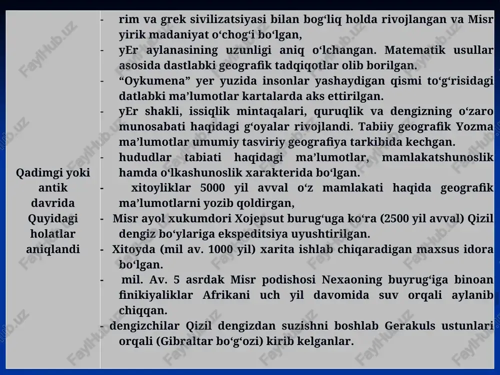 llarda “g‘arbiy tashqi dengiz” (atlantika okeani), “qulzum dengizi va yashil dengiz” (qizil dengiz va hind okeani) kabi nomlar uchraydi. shuningdek, asarda azov dengizi, nil daryosi va ularning atrofidagi hududlarga izoh berilib, bu yerlarning xaritasi ham keltirilgan. mohiyat va mazmuniga ko‘ra mazkur asar katta bir atlasga ilova qilingan izohdir. al-xorazmiyning geografiya fani rivojiga qo’shgan xissasi mutaxassislarning fikricha hozirgi vaqtda ahmad farg‘oniyning 8 ta asari ma’lum, ammo rizoulloh ansoriyning yozishicha, uning qoldirgan asarlari soni 11 ta. al-farg‘oniy asarlaridan “al komil fil-usturlob” (“usturlob to‘g‘risida mukammal ma’lumot”), “fi sanoat al-usturlob” (“usturlob san’ati to‘g‘risida”), “yetti iqlim”, “astronomiya ilmiy asoslari” va “javomi ilm an-nujum val harakat as-samoviy” (“samoviy harakatlar va astronomiya kitobi”) kabilar butun jahon astronomlari orasida ma’lum va mashhur. ahmad farg‘oniy mirzo ulug‘bekdan besh asr oldin quyosh va yulduzlarning harakat yo‘nalishini, shuningdek yerning shar shaklida ekanligini va u ikki qutbni birlashtiruvchi o‘q atrofida harakatlanishini isbotlab bergan. ahmad farg‘oniy bu haqda shunday yozgan: “olimlarning masalaga qarashlari …