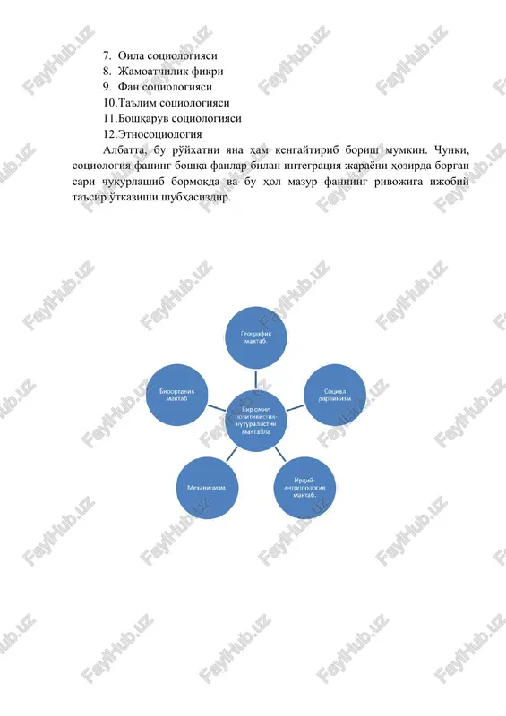 usullari yordamida aniq va amaliy xususiyatda o'rganadi va ushbu muammolar echimiga mufvofiq keladigan taklif hamda tavsiyalar ishlab chiqishga kirishadi. shu bilan birgalikda boshqa ijtimoiy fanlar ham keyingi vaqtlar sotsiologiyaning mazkur «asbob-uskanasi» dan faol foydalanmoqdalar. xulosa qilib aytganda, sotsiologiya fani ijtimoiy hayot muammolarini tizimli tarzda tadqiq qiladi va bunda albatta boshqa ijtimoiy-gumanitar fanlarning ilmiy-tadqiqot natijalaridan faol foydalanadi. aynan shu jarayon sotsiologiyadagi tarmoq yo'nalishlarning shakllanishiga asos bo'lib xizmat qildi. bugungi kunda zamonaviy sotsiologiya tarkibida bir necha o'nlab bunday yo'nalishlar mavjud. ularning orasida hozirda eng rivojlanganlari deb quyidagilarni e'tirof etish mumkin: 1. iqtisodiy sotsiologiya 2. mehnat sotsiologiyasi 3. siyosiy sotsiologiya 4. madaniyat sotsiologiyasi 5. sanoat sotsiologiyasi 6. din sotsiologiyasi 7. oila sotsiologiyasi 8. jamoatchilik fikri 9. fan sotsiologiyasi 10. ta'lim sotsiologiyasi 11. boshqaruv sotsiologiyasi 12. etnosotsiologiya albatta, bu ro'yxatni yana ham kengaytirib borish mumkin. chunki, sotsiologiya faning boshqa fanlar bilan integratsiya jarayoni hozirda borgan sari chuqurlashib bormoqda va bu hol mazur fanning rivojiga …