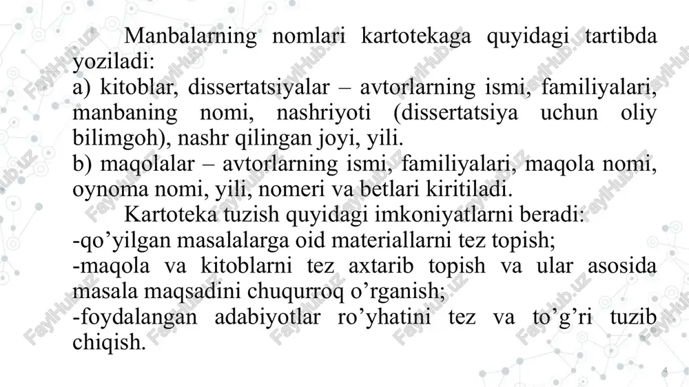 g samaradorligi, xom ashyoning arzonlashuvi, mahsulot sifatini yaxshilanishi va x.k.). gipoteza- deb tadqiqot asosida ko’rilgan ilmiy farazga aytiladi. bu hali isbotlanmagan, lekin ma`lum ehtimollikga ega bo’lgan farazdir. izlanish ishlari- tadqiqotning ba`zi masalalariga o’zgarish kiritish lozim topilganda izlanish ishlari amalga oshiriladi. izlanish ishlari ko’p omillarga e`tibor bermagan xolda yuzaki tajribalar o’tkazishga asoslanadi. tadqiqot o’tkazish bosqichlari- barcha ilmiy tadqiqot ishlari alohida bosqichlarga bo’linadi. har bir bosqich mustaqil qism bo’lib, keyingi bo’lim bosqichini bajarish uchun muhimdir. tajriba jarayonida ifodalanadigan ko’rsatkichlar ro’yxati-tadqiqot jarayonining tajriba o’tkazish davrida birlamchi ko’rsatkichlar yozib boriladi. bu ko’rsatkichlarning yozilish tartibi uslubiy dasturda aytib o’tilgan bo’lishi kerak. tajriba jarayonida yozib boriladigan birlamchi ko’rsatkichlar majmuasi tadqiqot mavzusi shartlariga va tajriba oldiga qo’yilgan vazifalarga bog’liqdir. ko’rsatkichlar majmuasidagi masala shu nuqtai nazardan juda muhimki, unga tajriba natijasidagi samaradorlik va uni o’tkazish muhitlari bog’liqdir. shuning uchun to’g’ri rejalashtirish maqsadida eng avval o’tkaziladigan tajribaga aloqador ko’rsatkichlar ro’yxati tuziladi, keyin xar bir belgi va ko’rsatkich kattaligidan kelib …