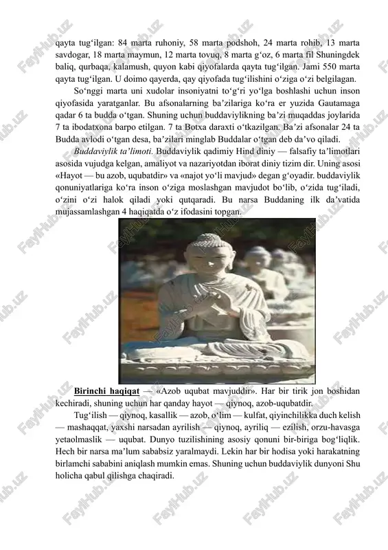 oshlab budda oʻz shogirdlari bilan qishloqma-qishloq yurib oʻz taʼlimotni tarqatib oʻziga yangi izdoshlar orttiradi. budda 40 yil davomida oʻz taʼlimotini hindistonning turli joylariga etkazadi va 80 yoshida kushtnagara degan joyda dunyodan oʻtdi. uning jasadi hind udumiga koʻra u erda kuydirilib, uning xoki 8 ta budda jamoalariga boʻlib yuborildi va har bir jamoa uni dafn etgan joyida ibodatxona barpo etdi. buddaning hayoti haqida turli afsonalar ham toʻqilgan. bu afsonalarda aytilishicha, budda koʻp yillar davomida er yuzidagi turli mavjudotlar qiyofasida qayta tugʻilgan: 84 marta ruhoniy, 58 marta podshoh, 24 marta rohib, 13 marta savdogar, 18 marta maymun, 12 marta tovuq, 8 marta gʻoz, 6 marta fil shuningdek baliq, qurbaqa, kalamush, quyon kabi qiyofalarda qayta tugʻilgan. jami 550 marta qayta tugʻilgan. u doimo qayerda, qay qiyofada tugʻilishini oʻziga oʻzi belgilagan. soʻnggi marta uni xudolar insoniyatni toʻgʻri yoʻlga boshlashi uchun inson qiyofasida yaratganlar. bu afsonalarning baʼzilariga koʻra er yuzida gautamaga qadar 6 ta budda …