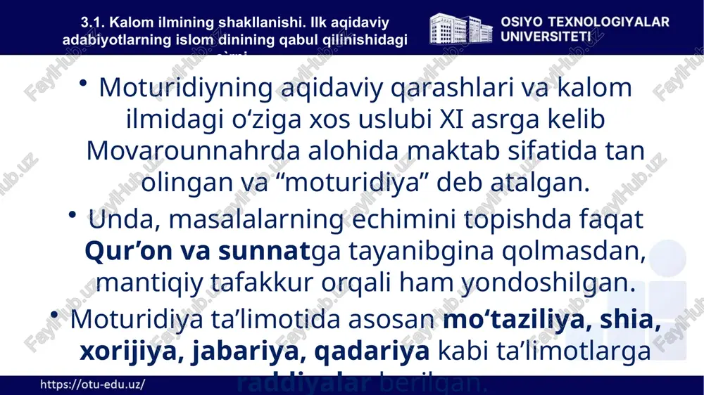 qibatida moturidiya va ashariya maktablari vujudga keldi. imom al-moturudiy asosan samarqandda yashab, o’z ta’limotini yaratgan. imom al-ashari iroqda o’z ta’limotini yaratdi. 3.2. islom oqimlari va yo‘nalishlarining paydo bo’lishi sabablari bu ikki allomaning ilmiy-ma’naviy me’rosi assosan butun islom olamiga xos bo’lgan umumiy qoidalar aksini topgan. ammo mahalliy an’analar ta’siridanmi ularning qarashlari o’rtasida muayyan farqlar ham mavjud. iymon ruklari masalasidagi farq: ashariy shofeiy, moliki va hanbaliy mazhablarining fikri: iymon til bilan iqror bo’lish dil bilan tasdiqlash va amal qilishdir. iymon ko’payadi va ozayadi deb ushta rukn shart qilingan. moturudiya esa abu hanifa izidan borib ‘’iymin bu til iqrori qalb tasdiqi bo’lib, ko’paymaydi ham kamaymaydi ham. iymon yaxliddir faqat uning nuri yorug’ladha yoki xiralashi turadi … amal qilmagan kishi kofir bo’lmaydi gunoxkor boladi degan fikrni oldinga suradi. 3.2. islom oqimlari va yo‘nalishlarining paydo bo’lishi sabablari moturidiya ta’limotiga movarounnahrlik olim abu mansur al–moturidiy asos solgan. aksariyat manbalarda moturidiy 870 yili samarqandning “moturid” qishlog‘ida tug‘ilgani …