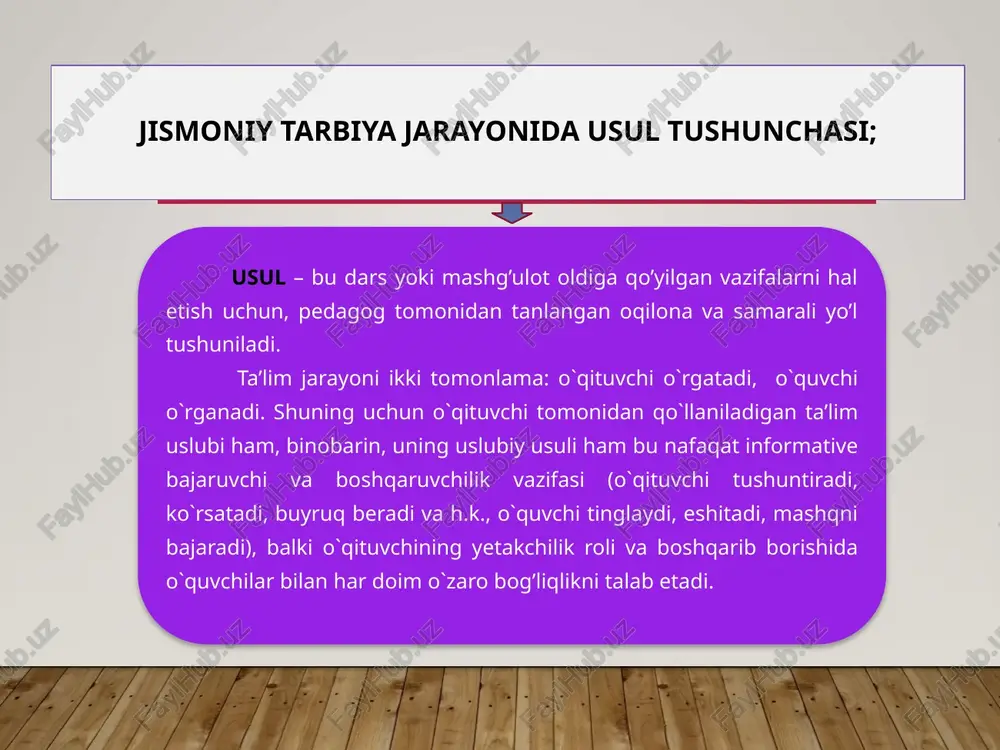 y vazifalariga tavsif; 1). so‘zning ma’no jihatidan vazifasi. jismoniy tarbiyada muammoni to‘g‘ri yechish asosida atamalar yotadi. atamalar predmetlarga va hodisalarga oid og‘zaki tushunchalarni belgilab beradi. bu o‘quvchilarning o‘zlariga tanish tushunchani farqlashiga, o‘qituvchining esa umum qabul qilingan so‘zlar – atamalar bilan tushuntirishiga imkon beradi. 2). so‘zning hissiy vazifasi. hissiyot bilan aytilganda, so‘zlarning ahamiyati kuchayadi, bu ularning ma’nosini tushunishga yordam beradi. o‘qituvchi o‘quvchilarning predmetni o‘rganishiga munosabatini shu orqali ko‘rsatadi. ularning sog‘lom bo‘lishga qiziqishini, dadilligini, qiyinchiliklarni bartaraf etish istagini rag‘batlantiradi. hissiylikka mazmunning aniqligi, jumlalarning mantiqiy va grammatik nuqtai nazardan to‘g‘ri qurilishi, obrazliligi, yaqqolligi, talaffuz, imitatsiyalar, imo-ishoralar bilan erishiladi. ko’rgazmalilik uslubiga tavsif; bevosita ko’rsatib berish usuli – bunda bajariladigan harakat to’g’rida-to’g’ri o’qituvchi yoki instruktor tomonidan bajarilish texnikasi ko’rsatib berilishi orqali amalga oshiriladi. bilvosita ko’rsatib berish usuli - bunda bajariladigan harakat texnikasi va bajarilish fazalari aks ettirilgan (plakatlar, video va foto materiallar va h.k lar) o’qituvchi yoki instruktor tomonidan ko’rsatib berilishi orqali amalga oshiriladi. jismoniy …