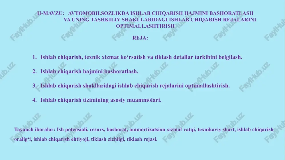 ta’minlanganligi bo‘yicha ma’lumotlari. 4. loyihalash bosqichlari ishlab chiqarish korxonalarinin loyihalash bir yoki ikki bosqichda amalga oshiriladi. bir bosqichli loyihalashda texnik loyiha ishchi chizmalar bilan uyg‘unlashadi va bu loyiha texnik – ishchi loyiha deb nomlanadi. texnik iqtisodiy asoslangan ishlab chiqarish korxonalari bir smetada loyihalanadi. ikki bosqichli loyihalash loyihada hali o‘zlashtirilmagan yangi texnologiyalar, murakkab arxitektura – qurilish echimlari va qurilishning bajarilishi og‘ir sharoitlarda amalga oshiriladigan hollarda qo‘llaniladi. bunda loyiha texnik loyiha va ishchi chizmalardan tashkil topadi. loyihaning hajmini qisqartirish uchun loyihada faqat loyiha echimlarini asoslashga va qurilishning smeta narxini aniqlovchi materiallar va chizmalar bo‘lishi kerak. ishchi chizmalar loyihalashning yakuniy bosqichi bo‘lib, u korxona qurilishini amalga oshirish uchun kerakli bo‘lgan barcha grafik materiallar va smetalarni o‘z ichiga oladi. loyiha bosqichlari asosiy loyiha yordamchi loyiha texnik loyiha ishchi loyiha 5. loyihaning texnologik qismiiga: loyihalash uchun dastlabki ma’lumotlar; texnologik jarayonning sxemasi va uning tasnifi; loyihalanayotgan bo‘lim va uchastkaning vazifasi va tasnifi; ish rejimi, ishchi va …