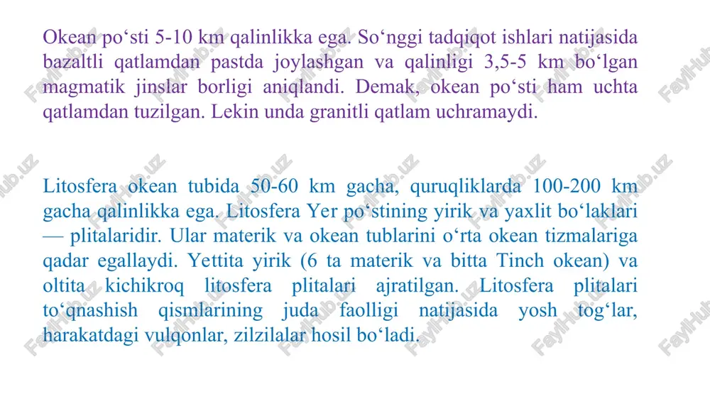 fli bo'lib, ba'zan binolar qulaydi. erda 10 santimetir keladigan yoriqlar paydo bo'ladi. 10 ball – vayrongarchilikka olib keladi. juda ko'p binolar qulaydi. 11 ball- halokatli (fojiali) bo'ladi. butun binolar qulaydi. 12 ball – o'ta halokatli bo'ladi. barcha inshoot va buyumlar ag'dariladi. daryo o'zanini o'zaradi. tog'lar qulab relef shakli o'zgaradi. er yuzasini o'zgartiruvchi tashqi kuchlar suv shamol tirik mavjudotlar ishi va temperaturaning o'zgarishi er yuzasini o'zgatiruvchi tashqi kuchlardir. nurash jarayoni- o'zining xususiyatiga ko'ra fizik, ximik va organik deb atlavuchi uch turga bo'linadi. 1. fizik nurash – tempuraturaning o'zgarib turishi oqibatida fizik nurash ro'y beradi. 2. ximiyaviy nurash - asosiy faktorlari suv, kislorod va karbonat angiridit hisoblanib, ular ta'sirida tog' jinslari emirladi. 3. organik nurash – tog' jinslarni mikroorganizimlar ishi tufayli ko'proq emriladi. er yuzasini o'zgartiruvchi tashqi kuchlar shamol – geomorfologik agent sifatida tog' jinislariga ta'sir etib, emirish, uchrish va yotqizish kabi ishlarni bajaradi. er osti suvlari – er osti suvlari tufayli …