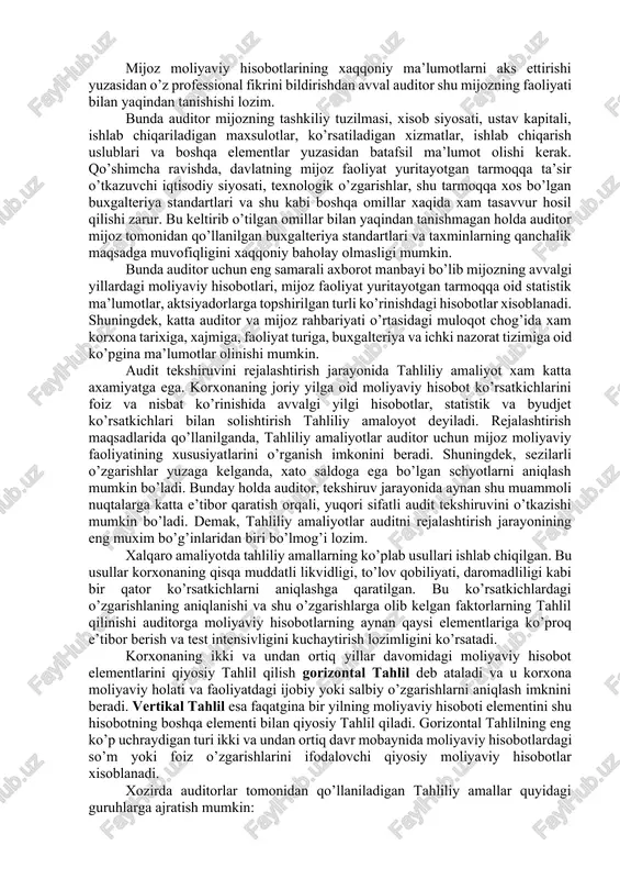 mchiliklar aniqlangan bo’lishi, bxmslarni qo’llash borasida rahbariyat bilan munozaraga borilgan bo’lishi, yoki rahbariyatning firibgarlik faoliyati oshkor bo’lgan bo’lishi mumkin. bu masalada korxona rahbariyati bilan muzokara olib borgandan, korxona rahbari xam, xodimi xam xisoblanmaydigan audit qo’mitasi a’zolari bilan muzokara olib borgan afzalroqdir. audit tekshiruvini rejalashtirish jarayonida avvalgi auditor bilan muloqot xam muxim o’rin tutadi. bo’lajak mijoz haqida eng samarali axborot manbaalaridan biri shu korxonaning avvalgi auditori xisoblanadi. keyingi auditorning ishi avvalgi auditor bilan muloqot va uning ishchi qog’ozlarini o’rganib chiqish orqali ancha engillashishi mumkin. bu muloqot natijasida keyingi auditor mijoz haqida umumiy va xususiy ma’lumot olishi, mijoz ichki nazorat tizimi haqida tasavvur hosil qilishi va mijoz moliyaviy hisobotlari elementlarining yil boshiga saldolari to’g’riligiga ishonch hosil qilishi mumkin. ba’zi hollarda mijozning avvalgi auditorni almashtirishiga olib kelgan sabab, mijoz va auditor o’rtasida buxgalteriya standartlarini qo’llash bo’yicha munozaraning kelib chiqqanligi bo’lishi mumkin. shu sabab keyingi auditor tekshiruvni boshlashdan oldin mijozning avvalgi auditori bilan muloqot …