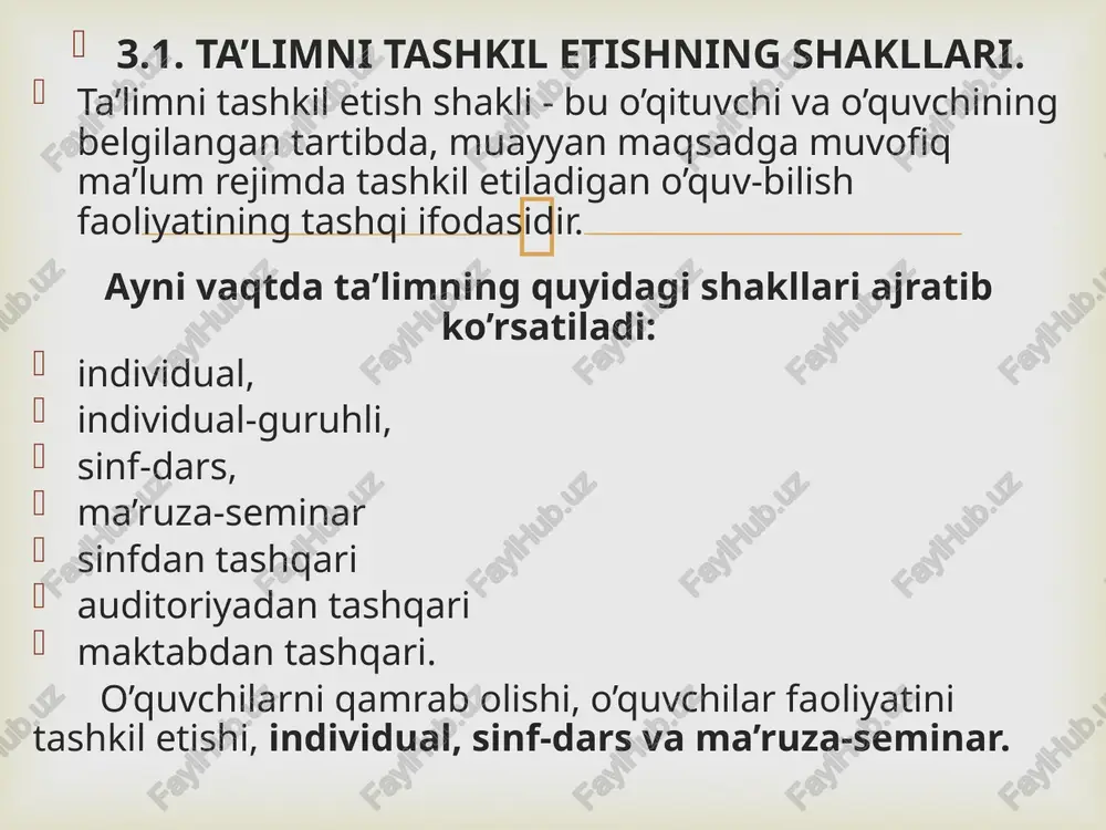 dars ta’limning boshqa shakllaridan farq qiluvchi o’ziga xos belgilarga ega, chunonchi: o’quvchilarning doimiy guruhi, o’quvchilar faoliyatiga ularning har biri xususiyatlarini hisobga olish bilan rahbarlik qilish, o’rganilayotgan fan asoslarini bevosita darsda egallab olish (bu belgilari darsning faqat mazmunini emas, balki o’z xususiyatini ham aks ettiradi).  11 obrazets teksta vtoroy uroven tretiy uroven chetvertiy uroven pyatiy uroven 3.3. darsning turlari va tuzilishi. darsning quyidagi turlari mavjud: aralash (kombinatsion dars). yangi bilimlarni bayon qilish darsi. o’rganilganlarini takrorlash va mustahkamlash darsi. o’quvchilarning bilim, ko’nikma va malakalarini nazorat qilish darsi. laboratoriya darslari. amaliy darslar.  3. 4. darsga qo’yiladigan talablar. har bir darsning ta’lim vazifalarini aniq belgilash, darsni axborotlar bilan boyitish, ijtimoiy va shaxsiy ehtiyojlarni hisobga olish bilan mazmunini optimallashtirish, idrok etish eng yangi texnologiyalarini kiritish, turli xildagi shakli, metodlari va ko’rinishlaridan mos ravishda foydalanish, dars tuzilishini shakllantirishga ijodiy yondashish, jamoaviy faoliyat usullari bilan birga o’quvchilar mustaqil faoliyatlarini turli shakllaridan birga foydalanish, operativ qayta …