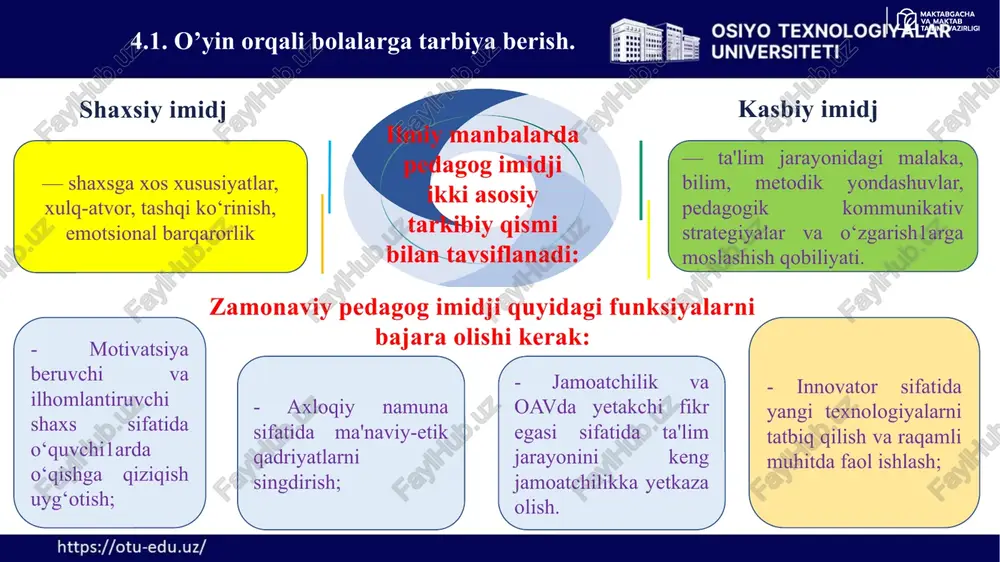 irish foydasiga kasbiy kompetentsiyani rivojlantirishga yondashuvlarni qayta yo'naltirish; - bolalar bilan o'yin faoliyatini tashkil etish bo'yicha bilim, ko'nikma, yondashuvlar, tajribani takomillashtirishga qaratilgan uslubiy qo'llab-quvvatlash tizimini loyihalash; - ijodiy qobiliyatlarni faollashtirish, professional o'zini o'zi rivojlantirish istagi; - uslubiy ishlarning interaktiv usullari va shakllaridan, zamonaviy axborot texnologiyalaridan ustuvor foydalanish; - uslubiy ishlarni tashkil etishda hamkorlik, o'zaro tushunish va rivojlanayotgan boshqaruv tamoyillarini amalga oshirish; - kasbiy ta'limning uzluksizligi, o'z mahoratini va kasbiy o'sish darajasini oshirish. nazorat savollari: zamonaviy elektron o‘yinchoqlar maktabgacha ta’limda qanday o‘rin tutadi o‘yinchoqlarni tayyorlashda xavfsizlik talablarining mohiyati nimada? o‘yinchoqlar bolaning yoshi va rivojlanish bosqichiga mos bo‘lishi nega muhim? o‘yinchoqlarning mustahkamligi va sifatiga qanday talablar qo‘yiladi? estetik talablarga javob beruvchi o‘yinchoqlar qanday bo‘lishi kerak? o‘yinchoqlarda gigiyenik talablar deganda nimani tushunamiz? o‘yinchoq mazmuni bolaning axloqiy tarbiyasiga qanday ta’sir ko‘rsatishi kerak? o‘yinchoqning shakli va rangini tanlashda nimalarga e’tibor qaratiladi? o‘yinchoqlarda ekologik tozalikka oid talablar qanday bo‘lishi lozim? o‘yinchoqlar bolaning ijodkorligini rivojlantirishga qanday sharoit …