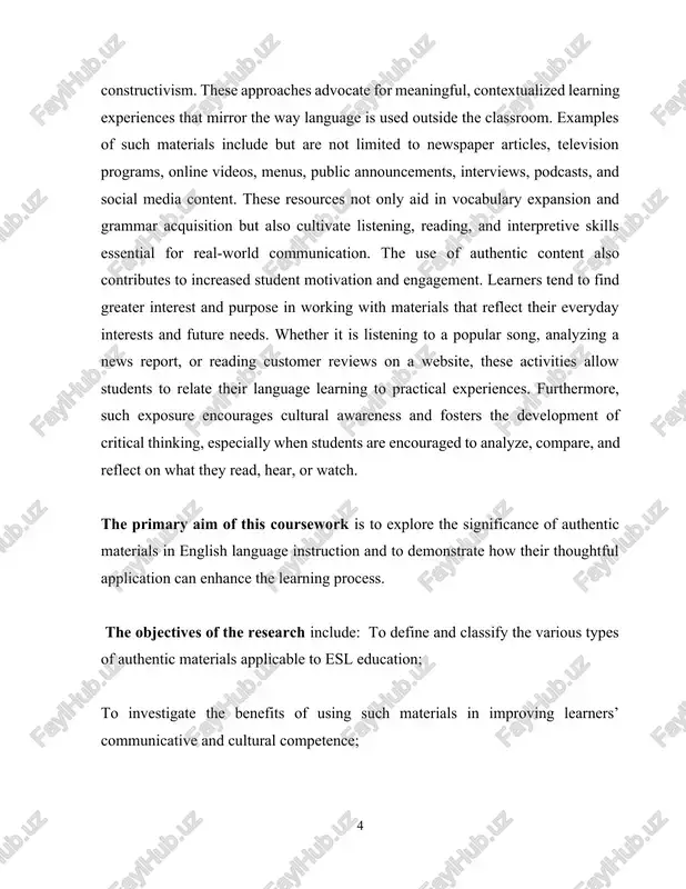 for understanding the nature, purpose, and types of authentic materials. the second chapter focuses on the practical application of these materials in esl classrooms, including teaching strategies, implementation methods, and problem-solving techniques. the study concludes with a summary of findings and recommendations for effective practice. a comprehensive list of references used throughout the research is also provided at the end. definition and significance of authentic materials. within the landscape of modern language education, especially in the teaching of english as a second language (esl), the concept of authentic materials holds substantial value. these materials are defined as original texts or media created by native speakers for real-life communicative purposes, without any intention of serving as instructional tools. unlike traditional textbooks that are carefully constructed with controlled vocabulary and simplified grammar, authentic materials offer unaltered, naturally occurring language. they include sources such as online articles, brochures, news broadcasts, restaurant menus, product …
