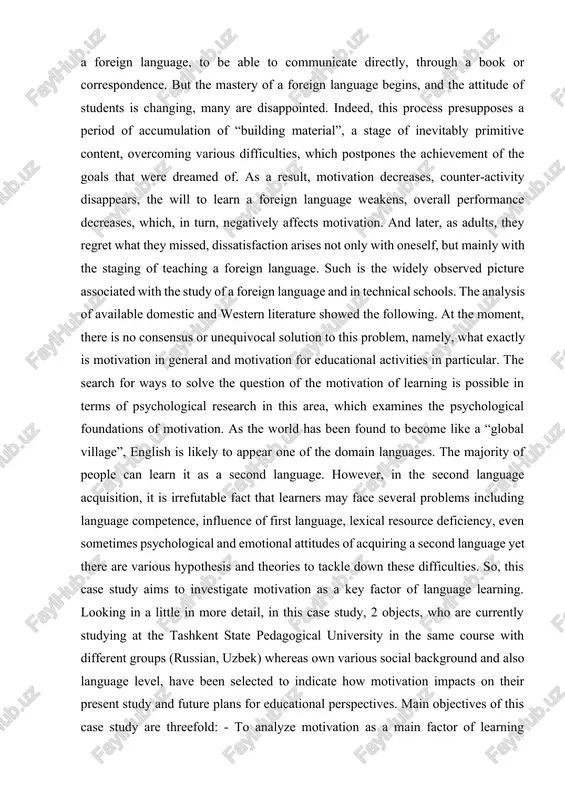 n, subjects have been asked some tasks to do, given general questions, additionally, some research work, articles which are relevant for the case study have been learnt and collected to compare with the case study. 1.theoretical background of motivation in language learning motivation has been widely studied by scholars such as gardner, lambert, and dörnyei. gardner distinguished between integrative and instrumental motivation. integrative motivation refers to the desire to learn a language to integrate into a culture, while instrumental motivation refers to learning a language for practical goals. initially, the first time when a new language is introduced to a learner, first language may totally affect to comprehend some new rules. moreover, some people start learning when they are old enough after critical period. although aforementioned trouble or other problematic issues will be obstacle for language learning, some of the candidates reveal high language proficiency within different language skills. in …