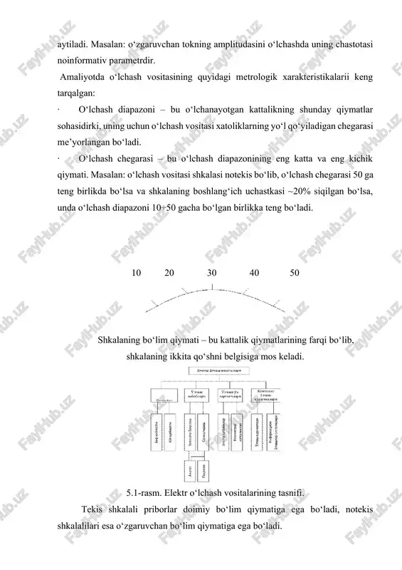 sini o‘lchashda uning chastotasi noinformativ parametrdir. amaliyotda o‘lchash vositasining quyidagi metrologik xarakteristikalarii keng tarqalgan: · o‘lchash diapazoni – bu o‘lchanayotgan kattalikning shunday qiymatlar sohasidirki, uning uchun o‘lchash vositasi xatoliklarning yo‘l qo‘yiladigan chegarasi me’yorlangan bo‘ladi. · o‘lchash chegarasi – bu o‘lchash diapazonining eng katta va eng kichik qiymati. masalan: o‘lchash vositasi shkalasi notekis bo‘lib, o‘lchash chegarasi 50 ga teng birlikda bo‘lsa va shkalaning boshlang‘ich uchastkasi ~20% siqilgan bo‘lsa, unda o‘lchash diapazoni 10÷50 gacha bo‘lgan birlikka teng bo‘ladi. 10 20 30 40 50 shkalaning bo‘lim qiymati – bu kattalik qiymatlarining farqi bo‘lib, shkalaning ikkita qo‘shni belgisiga mos keladi. 5.1-rasm. elektr o‘lchash vositalarining tasnifi. tekis shkalali priborlar doimiy bo‘lim qiymatiga ega bo‘ladi, notekis shkalalilari esa o‘zgaruvchan bo‘lim qiymatiga ega bo‘ladi. sezgirlik s=δy/δx : - bu o‘q chiqishidagi signal o‘zgarishi δy ning bu o‘zgarishni yuzaga keltirgan kirishdagi δx signal o‘zgarishiga nisbatidir va bunda sezgirlik tok va kuchlanish bo‘yicha sezgirlik deb tushuniladi. variatsiya – ma’lum …