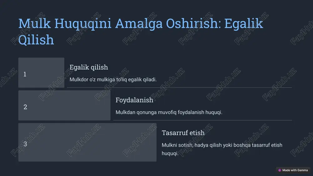 va korruptsiyani oldini olish muhim ahamiyatga ega. bu muammolarni hal qilish uchun tizimli yondashuv zarur. 18 oʻzbekiston mulkiy huquqiy nizomining kelajakdagi yoʻnalishlari teng huquqli kirish barcha fuqarolar uchun mulkiy huquqlarga teng huquqli kirishni ta'minlash. roʻyxatdan oʻtkazishni soddalashtirish mulkni roʻyxatdan oʻtkazish va oʻtkazish jarayonlarini soddalashtirish. himoya qilishni mustahkamlash mulk huquqlarini himoya qilishni kuchaytirish. iqtisodiyotga moslashtirish mulkiy huquqni rivojlanayotgan iqtisodiyotga moslashtirish. 19 image1.png image2.png image3.png image4.png image5.png image6.png image7.png image8.png image9.png image10.png image11.png image12.png image13.png image14.png image15.png image16.png image17.png image18.png image19.png image20.png image21.png image22.png