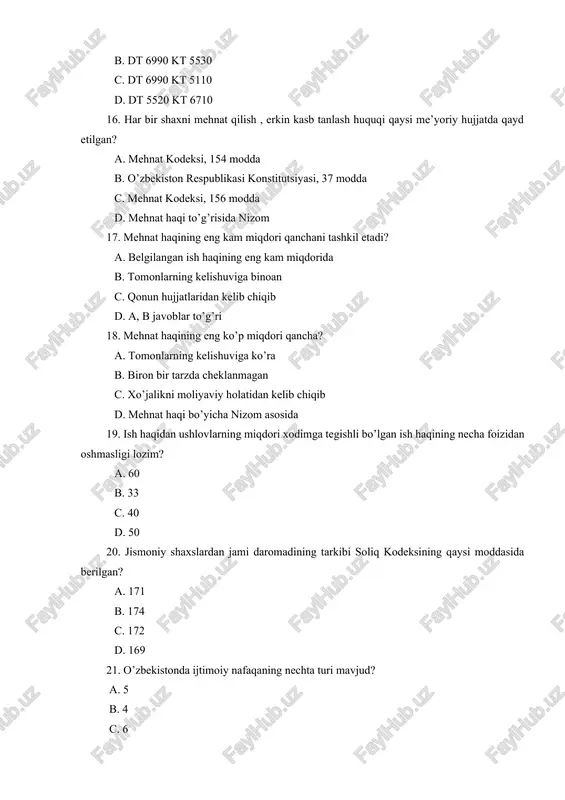 nafaqalar ta’yinlash va to’lash tartibi to’g’risidagi nizomning nechanchi moddasida nafaqa hisoblashda kassaliklarni turini hisobga olish qayd etilgan. a. 26-modda b. 28-modda c. 27-modda d. 32-modda 25. ayollarga tuqqanga qadar va tuqqandan keyin necha kalendar kunga xomiladorlik va tug’ish ta’tili belgilangan. a. 70 va 56 kun b. 70 va 60 kun c. 70 va 70 kun d. 56 va 80 kun.