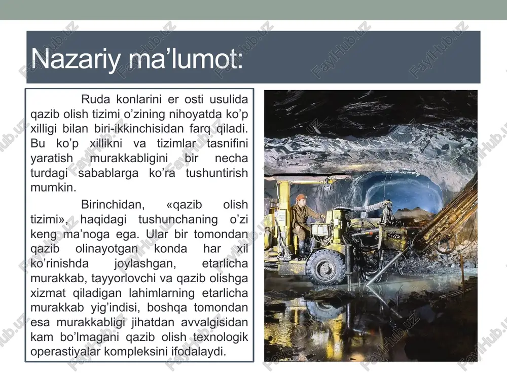 ator ifoda va terminlarga aniqlik kiritish zarur. tayerlash deb, konda yoki uning bir qismida kon lahimlari yig’indisini ma’lum tartibda o’tilishiga aytiladi. bunda koni ochilgan qismini qazib olish uchun mustaqil uchastka, qavatlar, bloklar, panellarga ajratadi. kesuvchi lahimlar deb qazib olishga tayyorlangan uchastkalarda kon lahimlari o’tkazib, undagi ruda massasini bevosita qazib ajratib olishga aytiladi. qazib olinadigan uchastkadagi ruda massivini (qavat, blok, panel va ustunga) bo’lib, ma’lum tartibda ketma-ket ajratib olinadigan qismiga: nimqavatlarga, qatlamlarga, buylama qirqimlarga, pog’onalarga, kameralararo, panellararo va qavatlararo steliklarga bo’ladi. qaziladigan uchastkani tayyorlovchi lahimlarida har xil sun’iy inshootlar va qurilmalar barpo etadi, shular jumlasidan: mustahkamlagichlar, nogabarit ruda bo’laklarini maydalaydigan kameralariga-groxotlar, lyuklarga ramalar, zatvorlar, yuklovchi pologlar va boshqalar. qazilayotgan lahimlarda har xil konsturkstiyadagi mustahkamlagichlar o’rnatiladi, rudali steliklar qoldiriladi. har xil materiallardan ustunlar, kolonnalar, devorlar barpo etib, ruda tushiriladigan voronkalar asosini quradi va boshqalar. nazariy ma’lumot: ruda massasining qazib olinadigan uchastkalardagi qismida joylashgan kon lahimlari va ularda bunyod etilgan inshootlari, qazib olish …